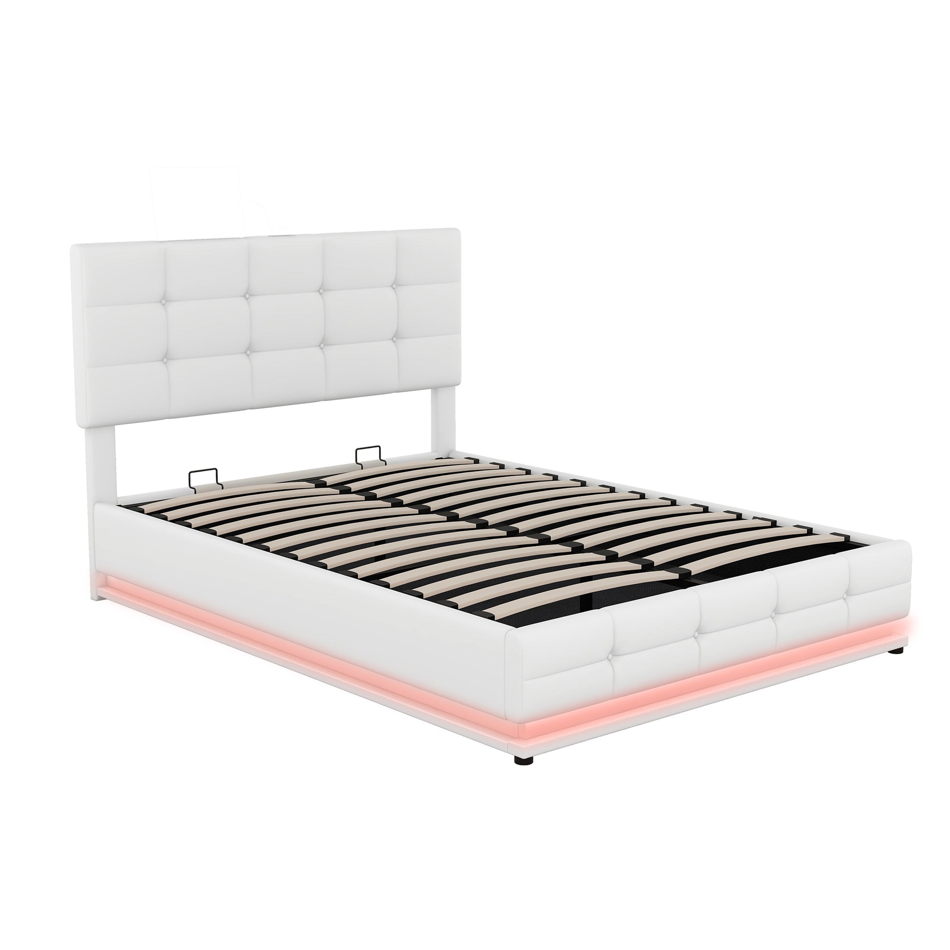 Full Size Tufted Upholstered Platform Bed With Hydraulic Storage System,Pu Storage Bed With Led Lights And Usb Charger, White Expected Arrival Time: 5.15,At White Pu