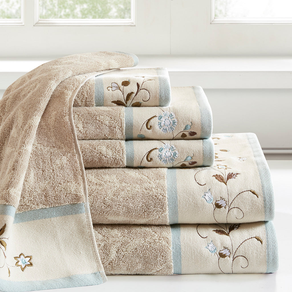 Embroidered Cotton Jacquard 6 Piece Towel Set Blue Cotton