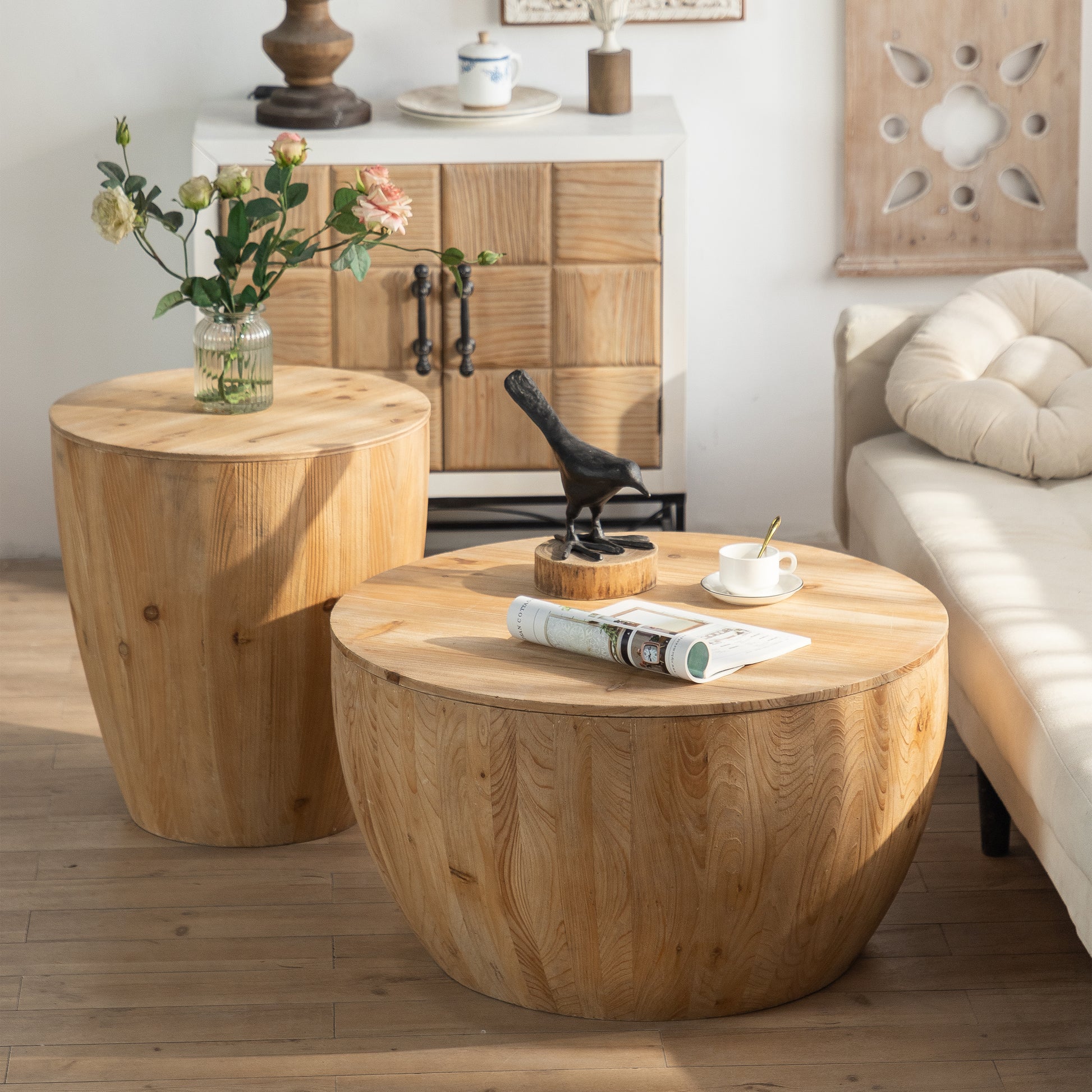 Vintage Style Bucket Shaped Coffee Table Set For Office, Dining Room And Living Room Set Of Two Pieces Natural Solid Wood Mdf