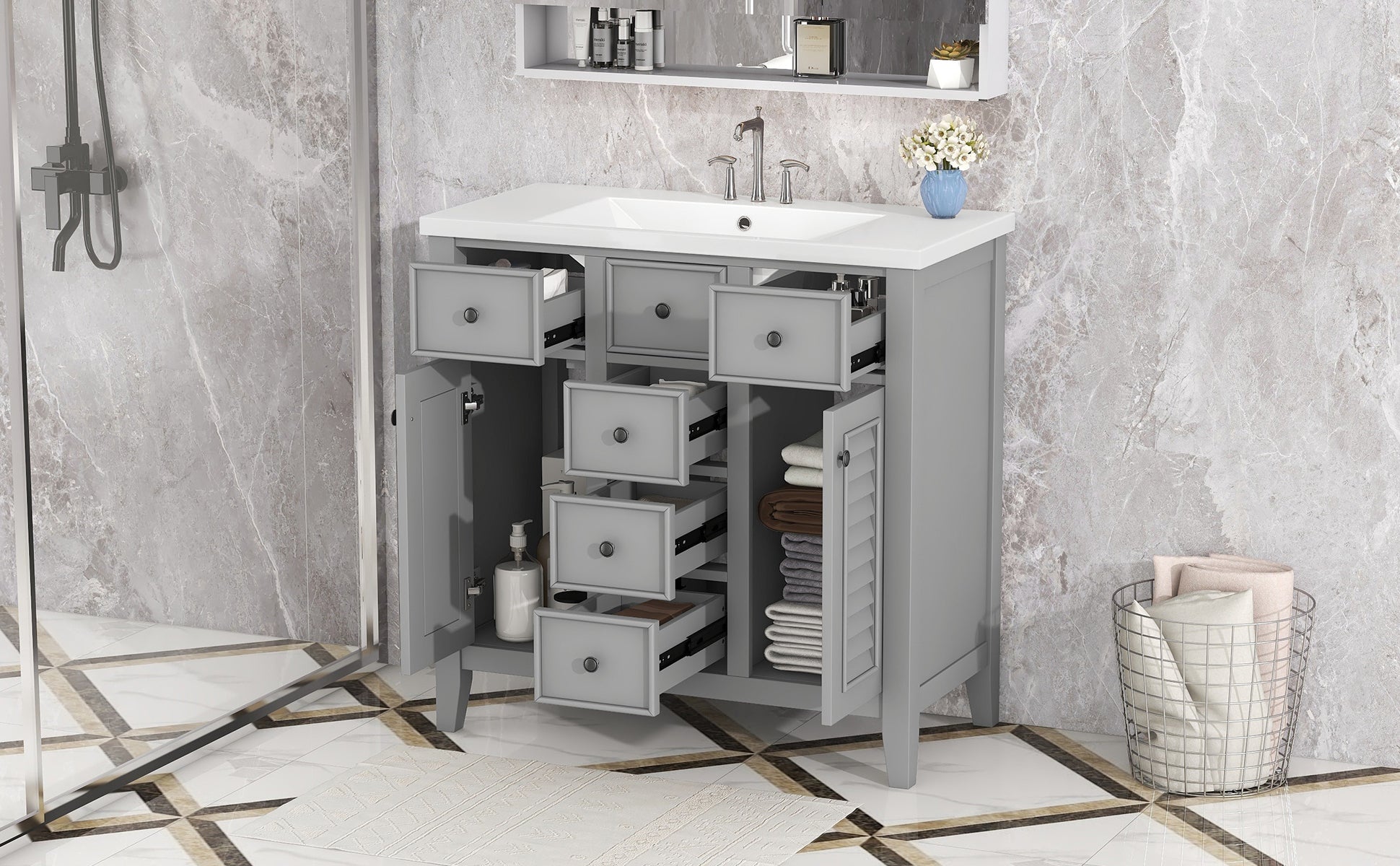 36" Bathroom Vanity With Ceramic Basin, Two Cabinets And Five Drawers, Solid Wood Frame, Grey Old Sku: Sy999202Aae Grey Solid Wood Mdf