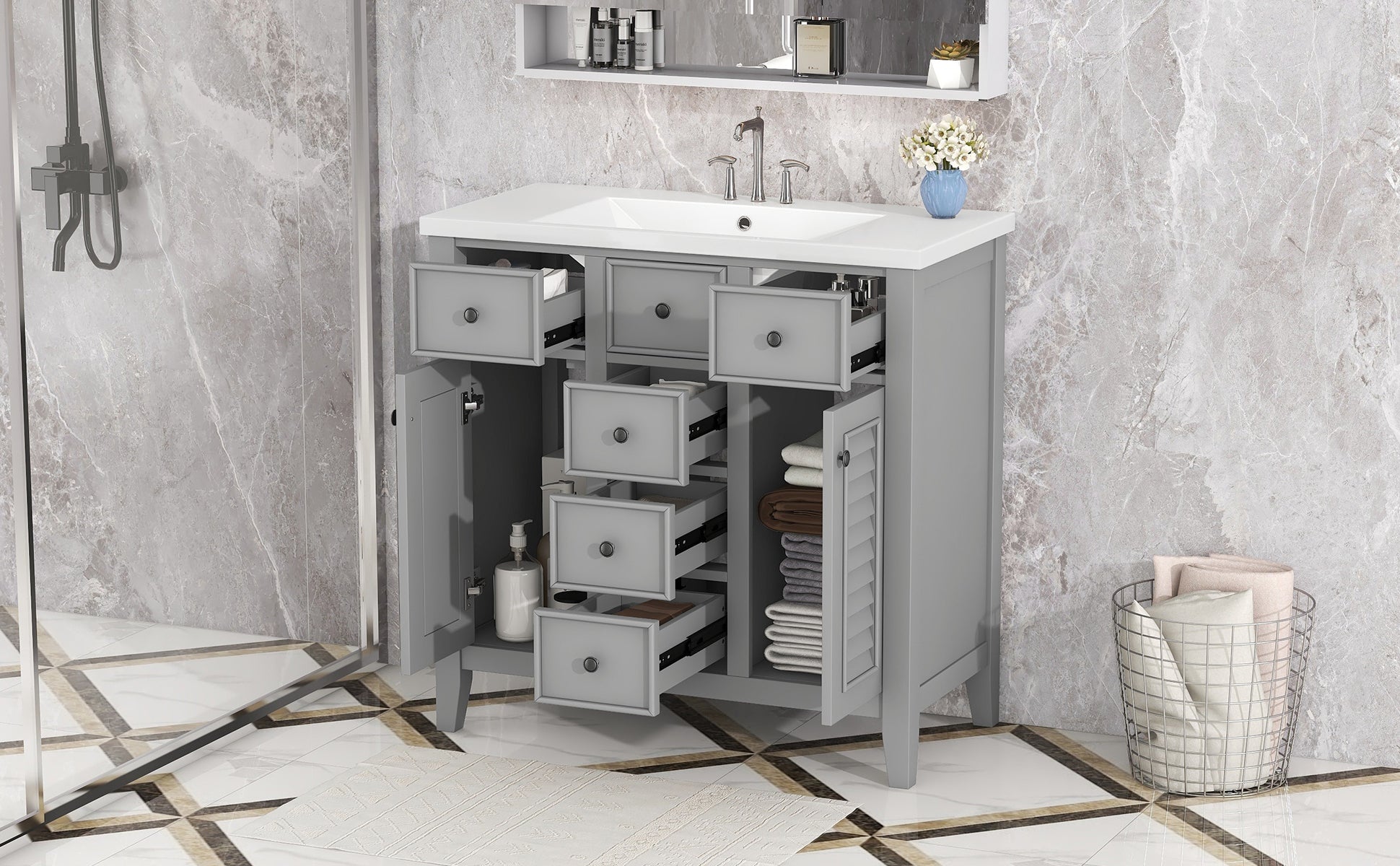 36" Bathroom Vanity With Ceramic Basin, Two Cabinets And Five Drawers, Solid Wood Frame, Grey Old Sku: Sy999202Aae 1 Grey Solid Wood Mdf