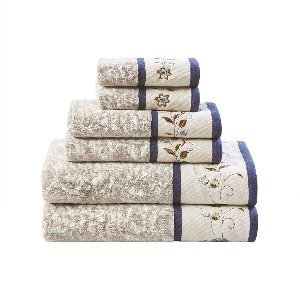 Embroidered Cotton Jacquard 6 Piece Towel Set Navy Cotton