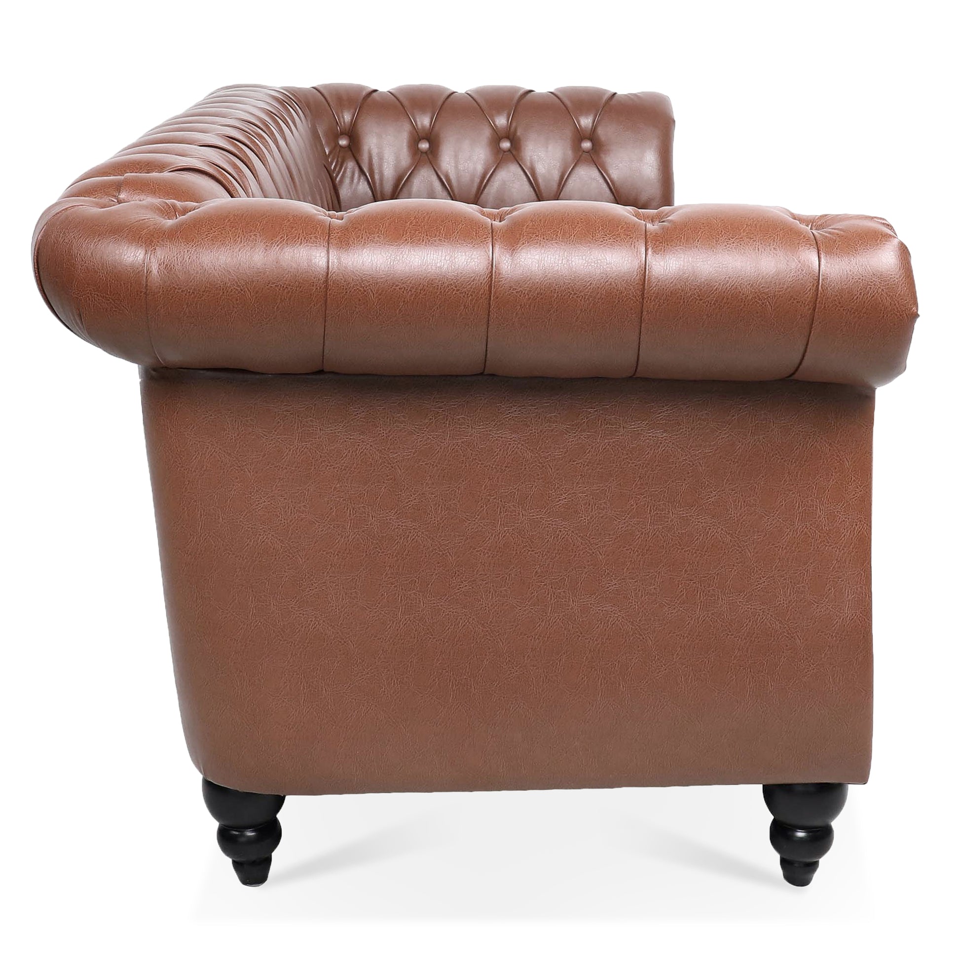 84.65"Brown Pu Rolled Arm Chesterfield Three Seater Sofa. Brown Foam Pu