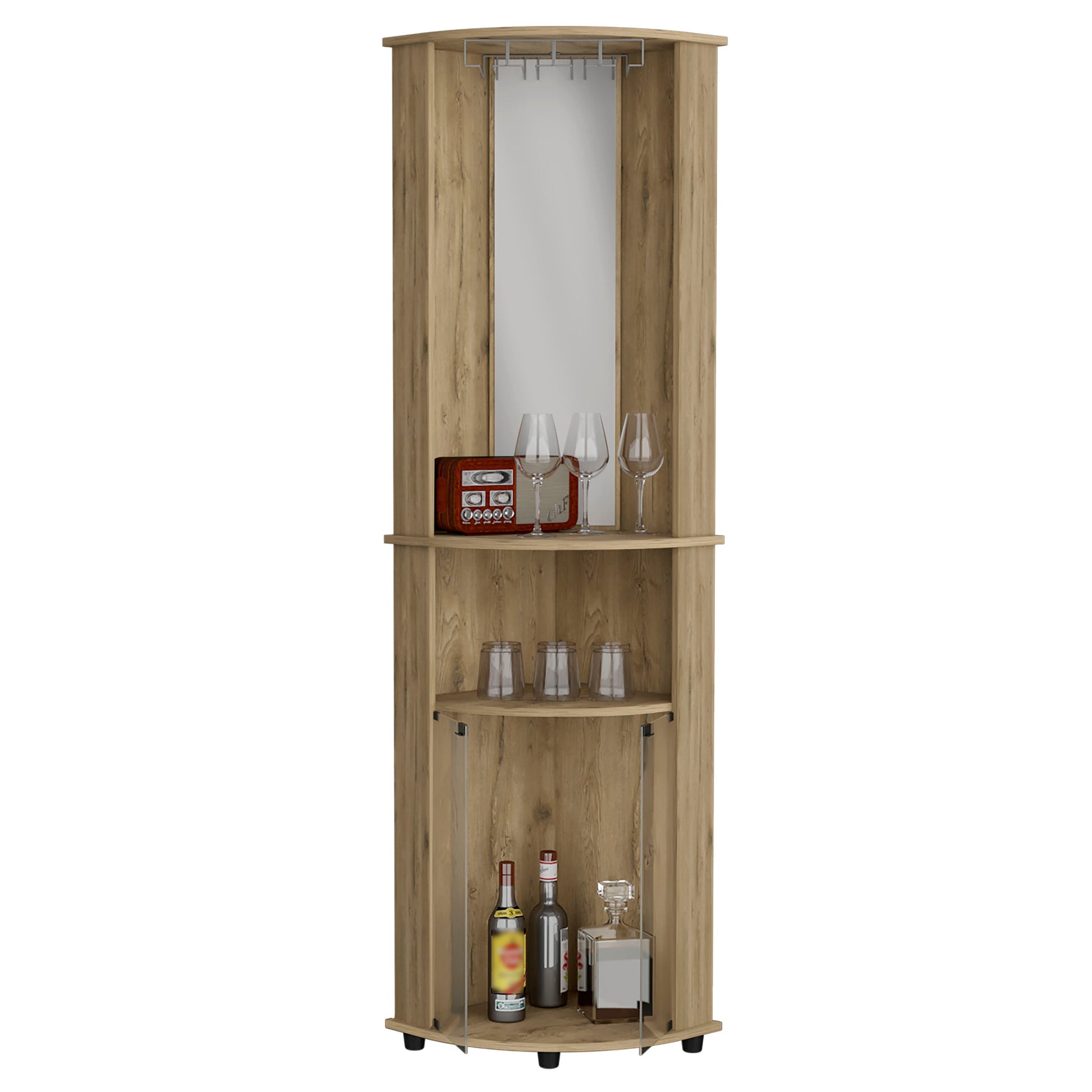 Chicago 75" H Mirrored Corner Bar Cabinet, With Glass Doors, Two Shelves And Stemware Macadamia Natural Walnut Particle Board