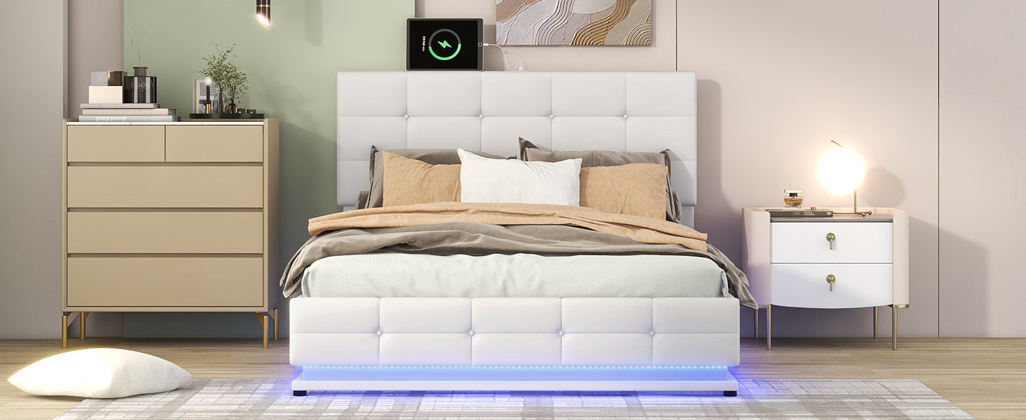 Full Size Tufted Upholstered Platform Bed With Hydraulic Storage System,Pu Storage Bed With Led Lights And Usb Charger, White Expected Arrival Time: 5.15,At White Pu