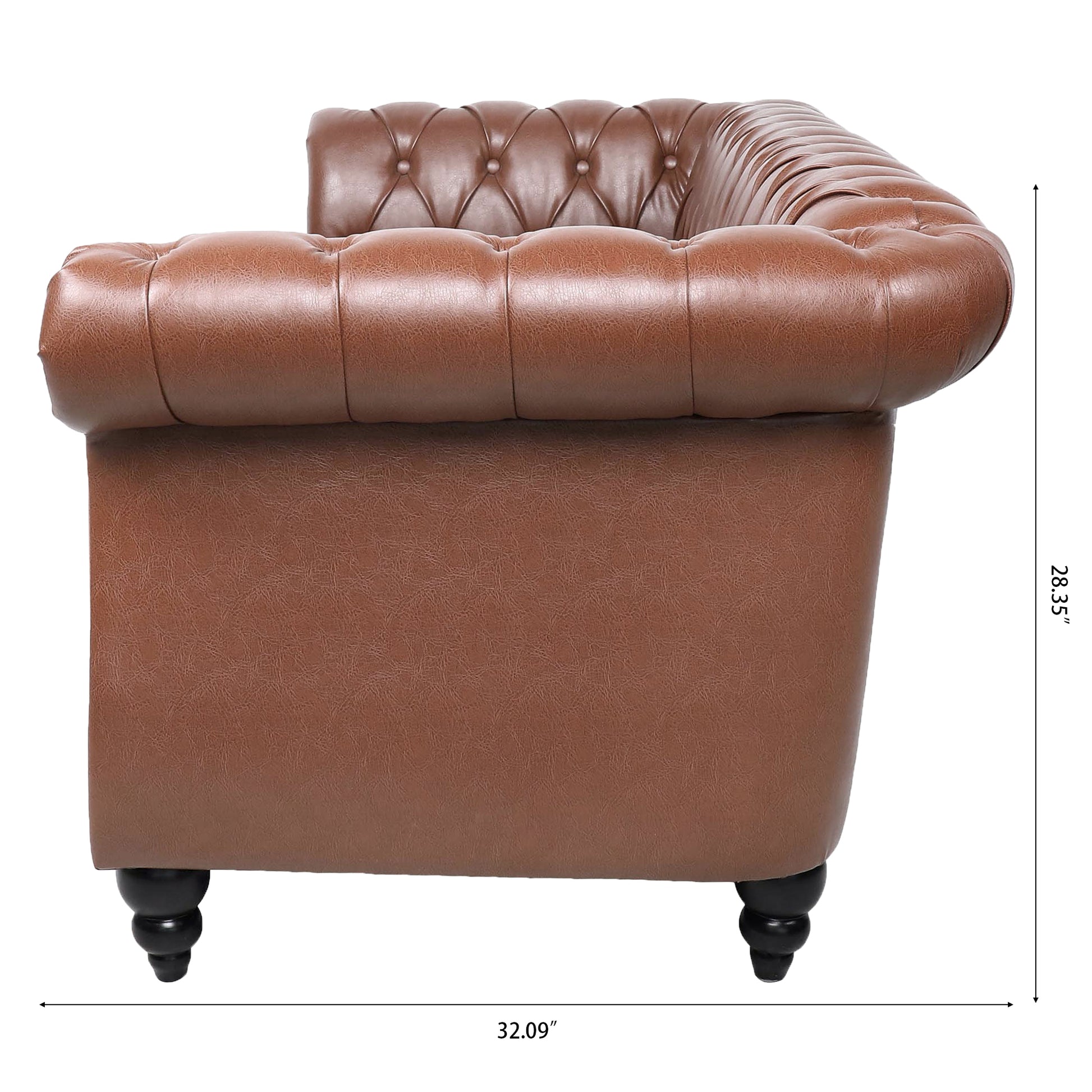 84.65"Brown Pu Rolled Arm Chesterfield Three Seater Sofa. Brown Foam Pu