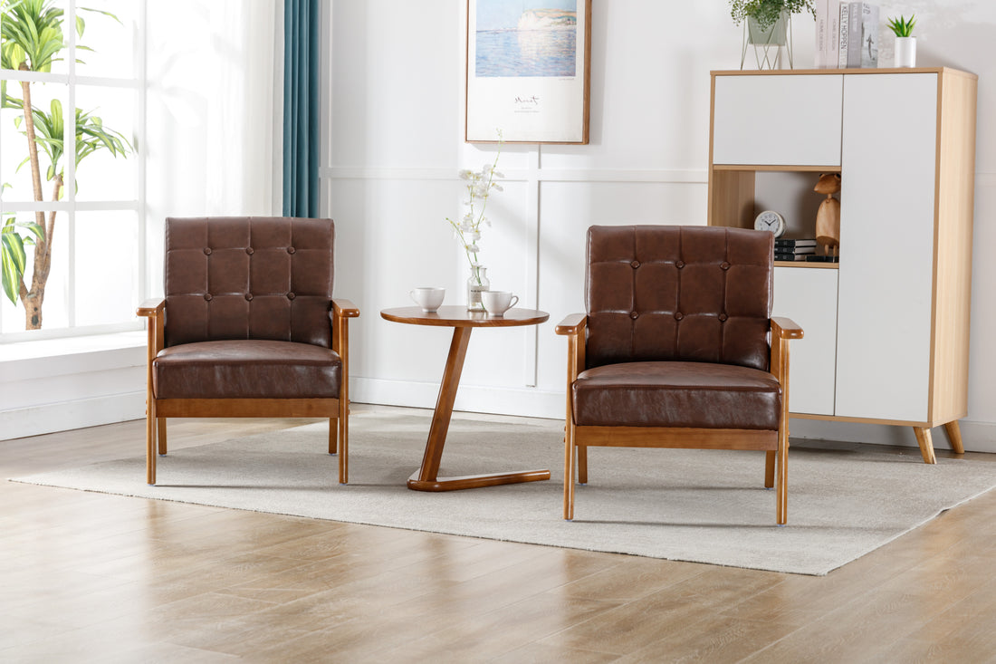 Accent Chairs Set Of 2 With Side Table, Mid Century Modern Accent Chair, Wood And Fabric Armchairs Side Chair, Lounge Reading Comfy Arm Chair For Living Room, Bedroom, Office Brown Pu Pu Leather