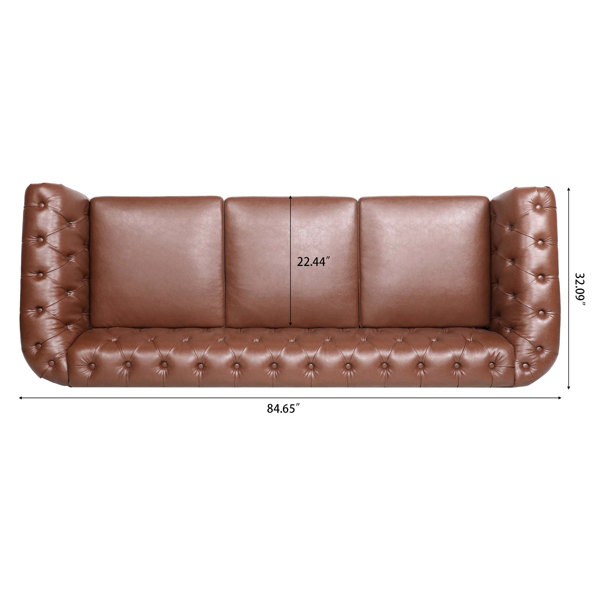84.65"Brown Pu Rolled Arm Chesterfield Three Seater Sofa. Brown Foam Pu