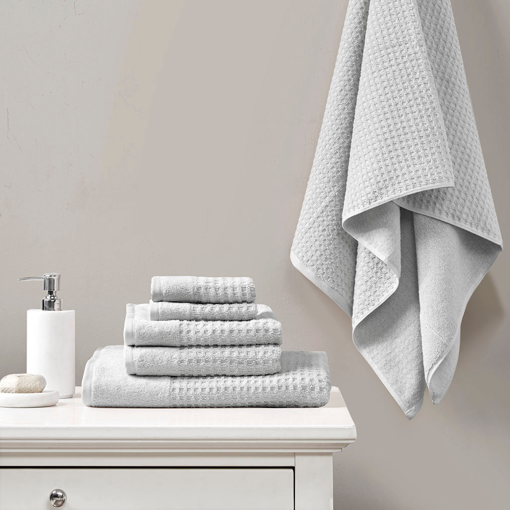 Cotton Waffle Jacquard Antimicrobial Bath Towel 6 Piece Set Grey Cotton