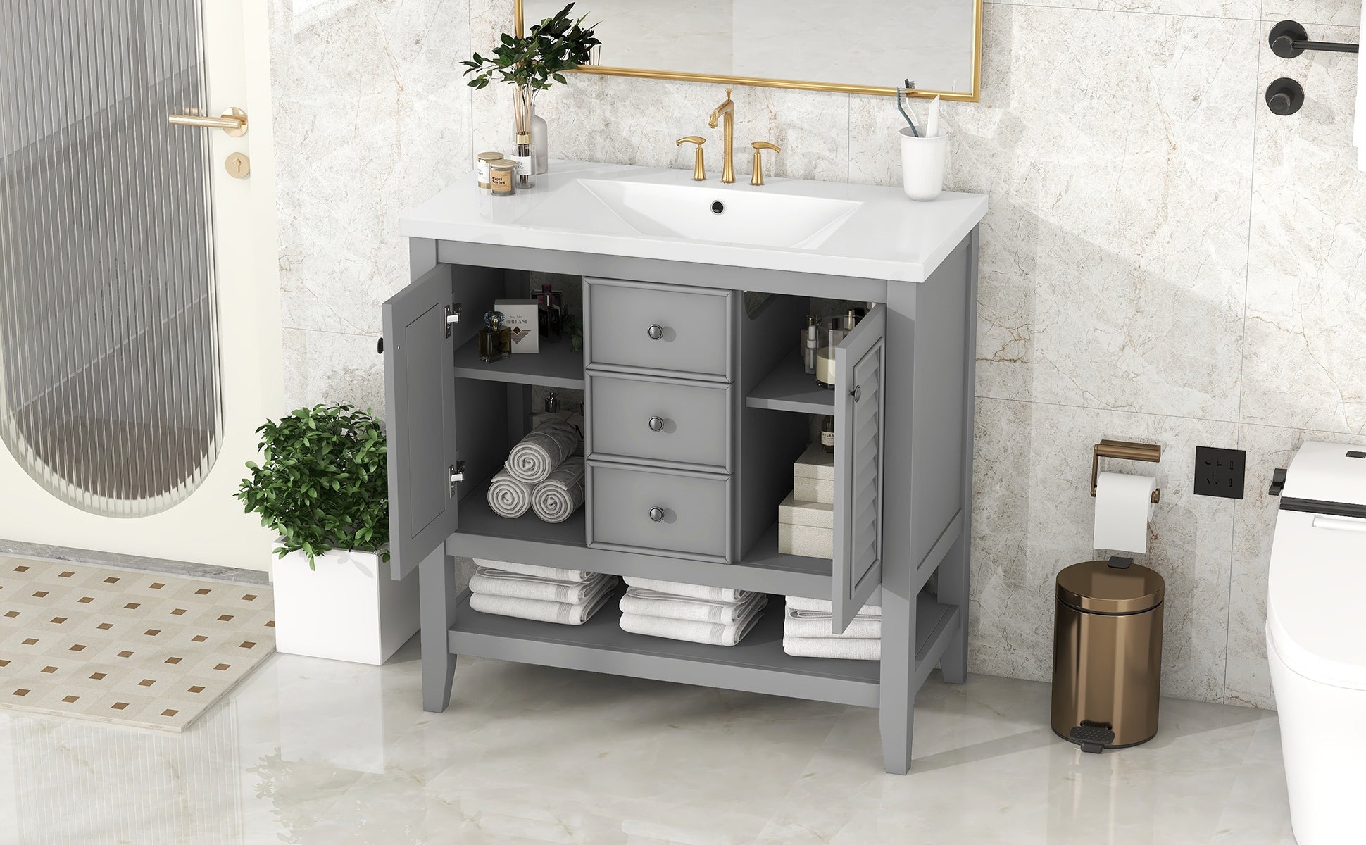 36" Bathroom Vanity With Ceramic Basin, Two Cabinets And Drawers, Open Shelf, Solid Wood Frame, Grey Old Sku: Sy999101Aae Grey Solid Wood Mdf