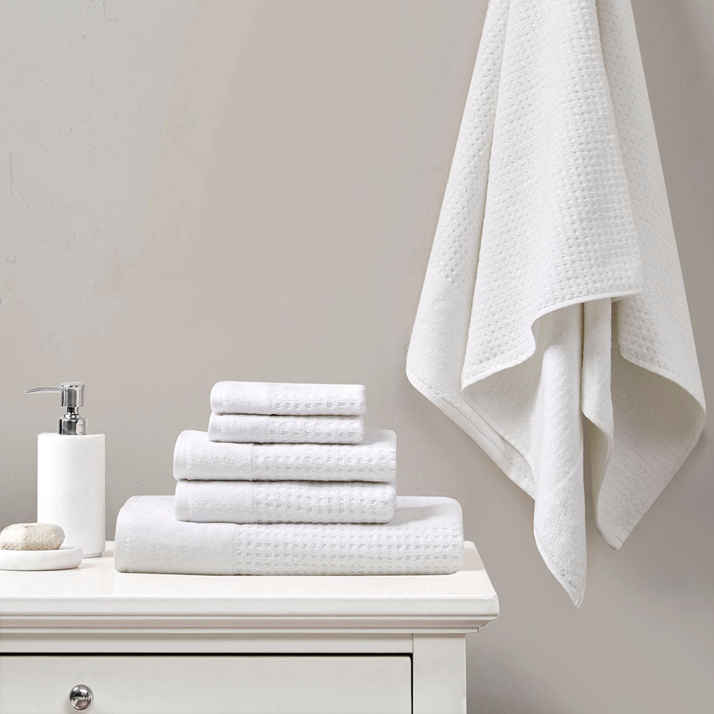 Cotton Waffle Jacquard Antimicrobial Bath Towel 6 Piece Set White Cotton