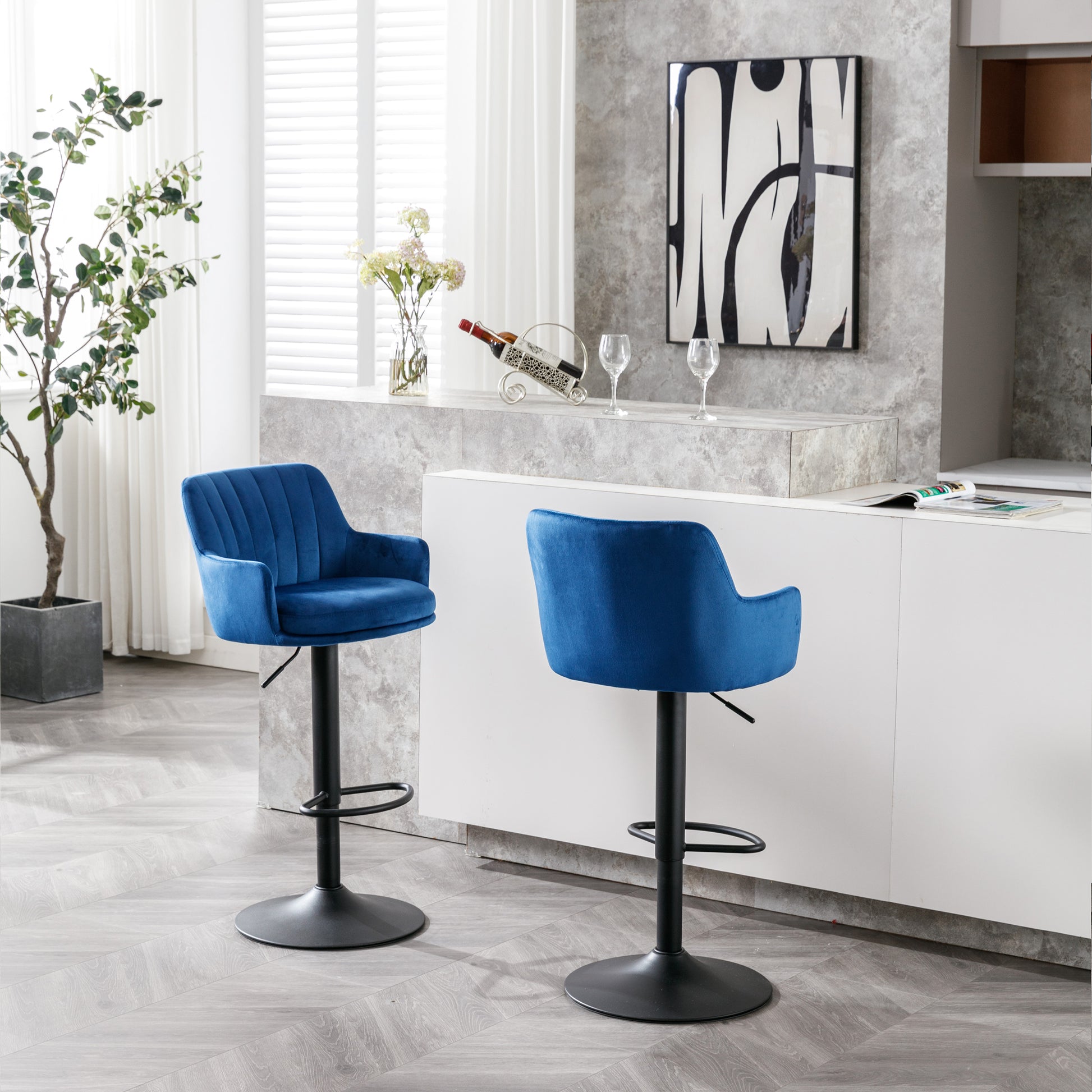 Bar Stools Set Of 2 Adjustable Barstools With Back And Footrest, Counter Height Bar Chairs For Kitchen, Pub Blue Blue Foam Fabric
