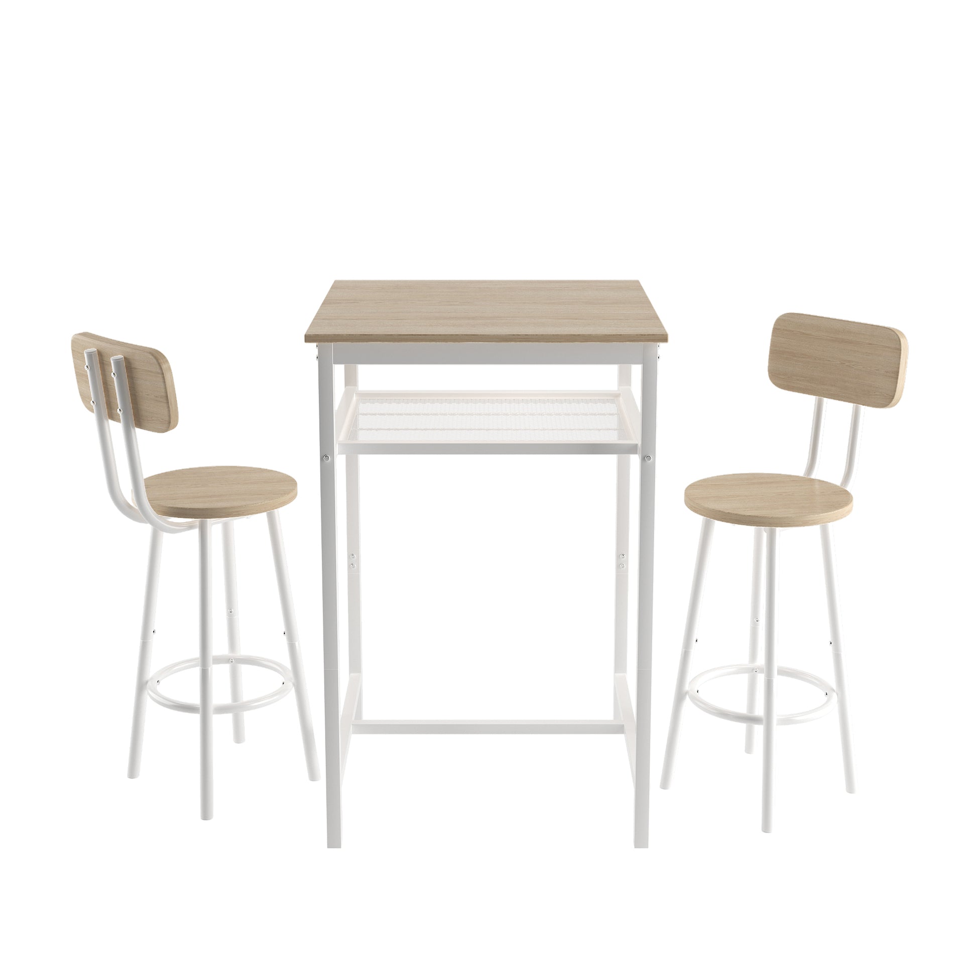 Bar Table, Equipped With 2 Bar Stoolswith Backrest And Partition Beige White Oak Seats 2 Mdf