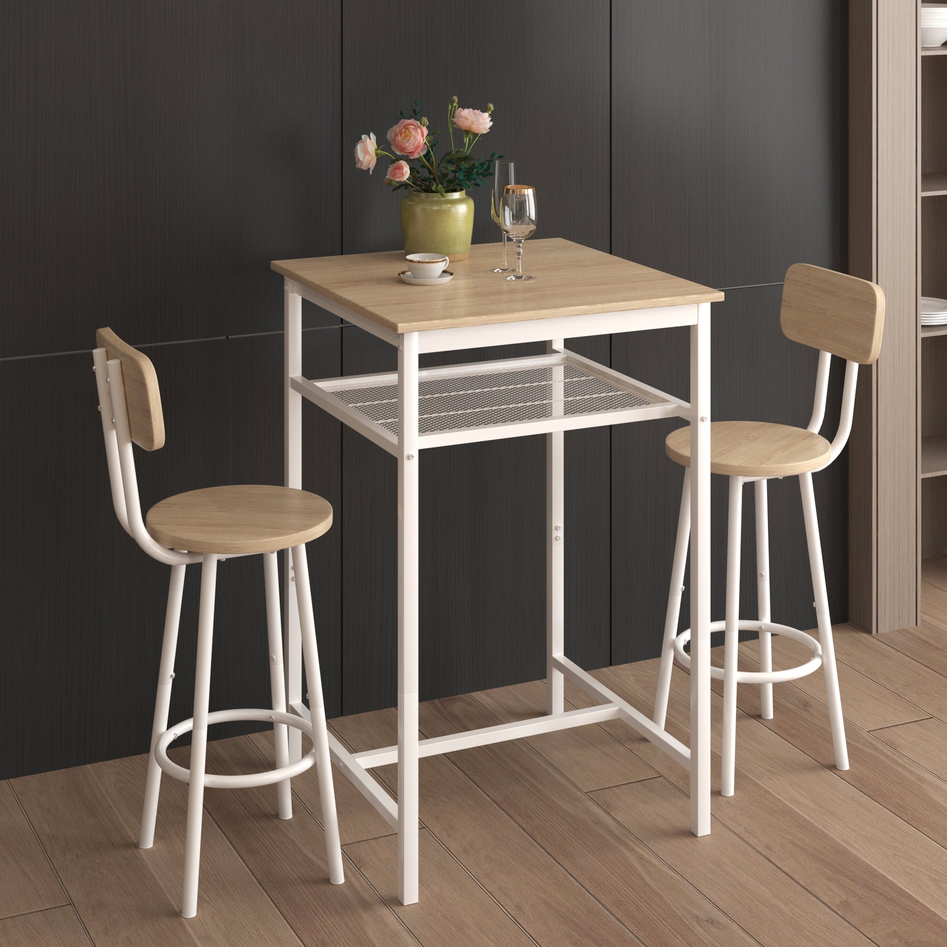 Bar Table, Equipped With 2 Bar Stoolswith Backrest And Partition Beige White Oak Seats 2 Mdf