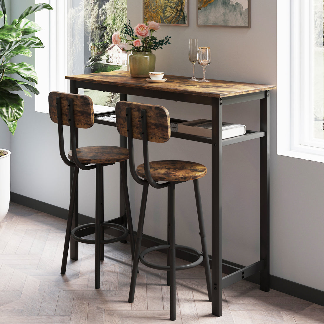 Bar Table, Equipped With 2 Bar Stoolswith Backrest And Partition Rustic Brown Brown Seats 2 Mdf