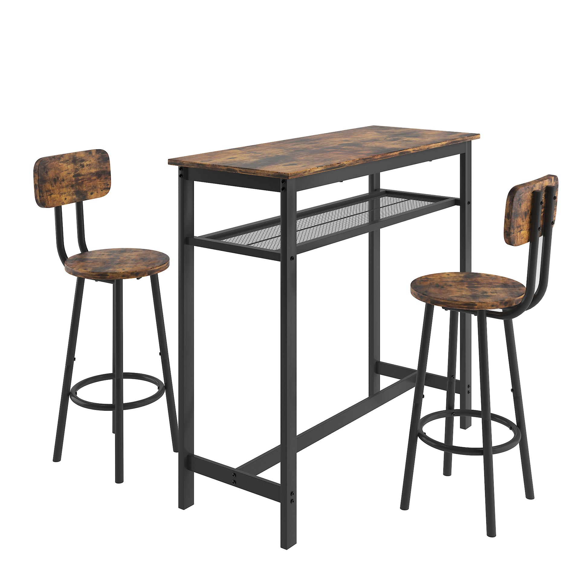 Bar Table, Equipped With 2 Bar Stoolswith Backrest And Partition Rustic Brown Brown Seats 2 Mdf