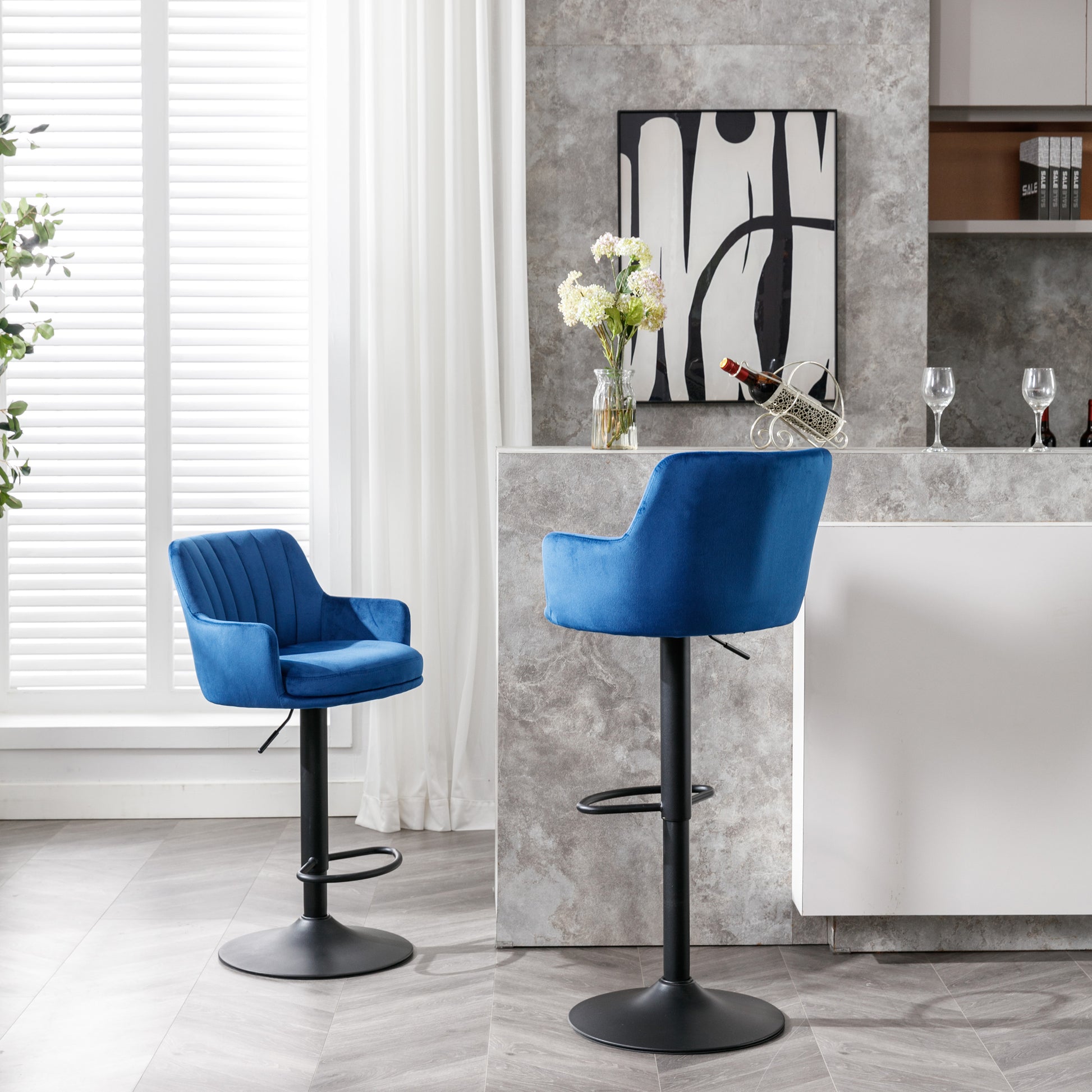 Bar Stools Set Of 2 Adjustable Barstools With Back And Footrest, Counter Height Bar Chairs For Kitchen, Pub Blue Blue Foam Fabric