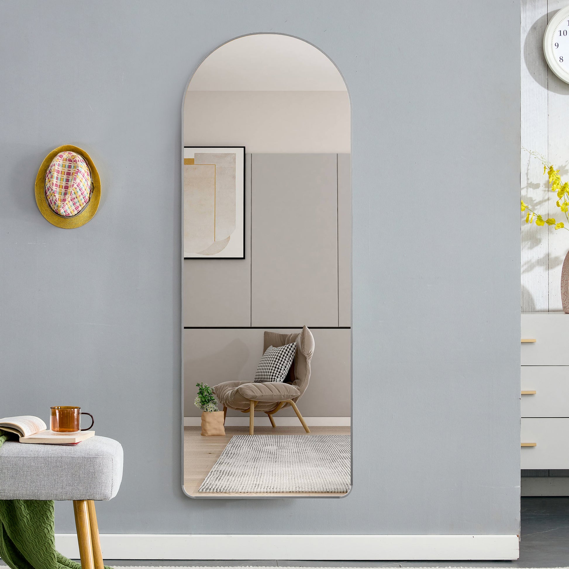 4Rd Generation Silver Aluminum Alloy Metal Frame Arched Wall Mirror, Bathroom Makeup Mirror, Decorative Mirror, Clothing Store, Floor Standing Large Mirror, Wall Mounted. 65 "* 23"W1151125606 Silver Glass