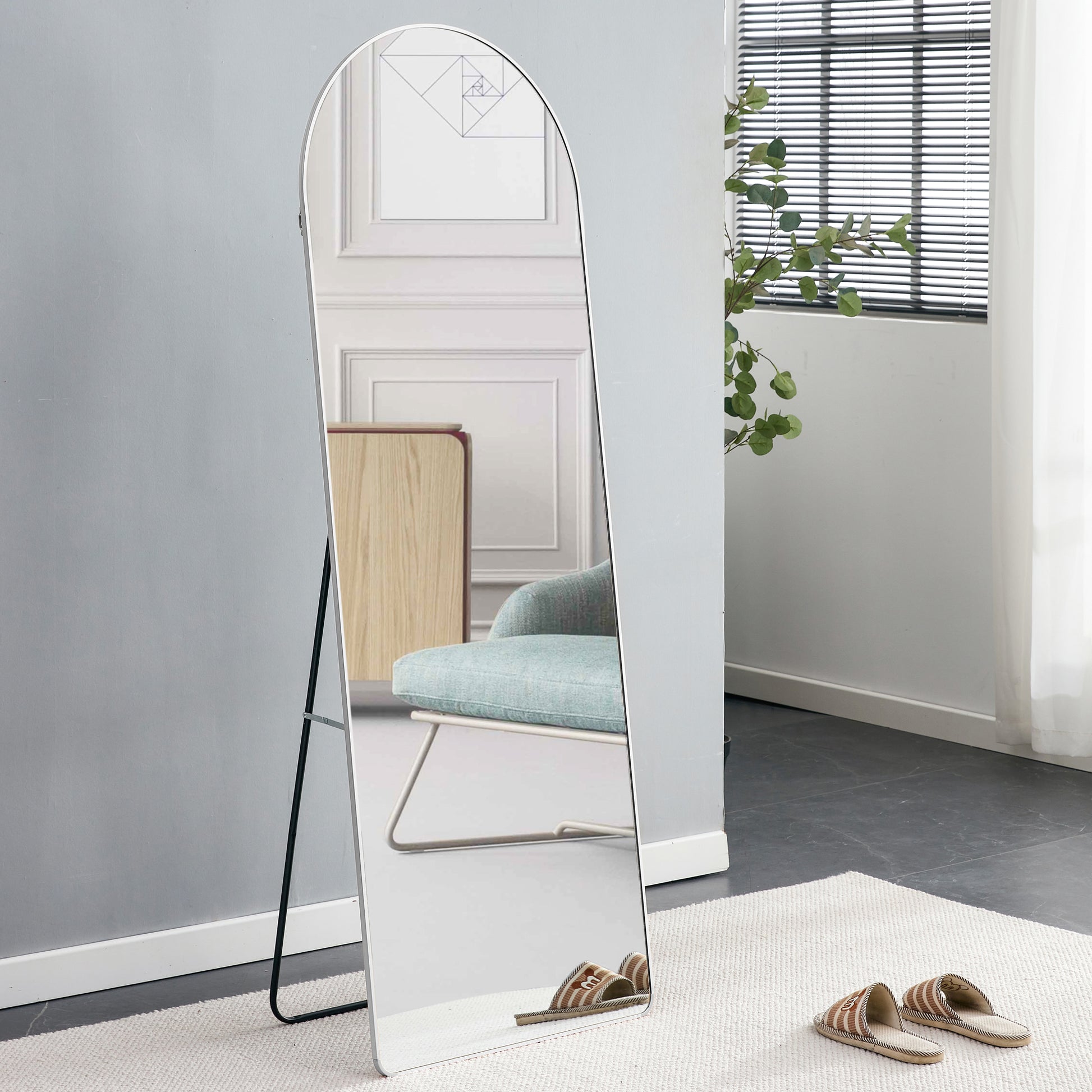 4Rd Generation Silver Aluminum Alloy Metal Frame Arched Wall Mirror, Bathroom Makeup Mirror, Decorative Mirror, Clothing Store, Floor Standing Large Mirror, Wall Mounted. 65 "* 23"W1151125606 Silver Glass