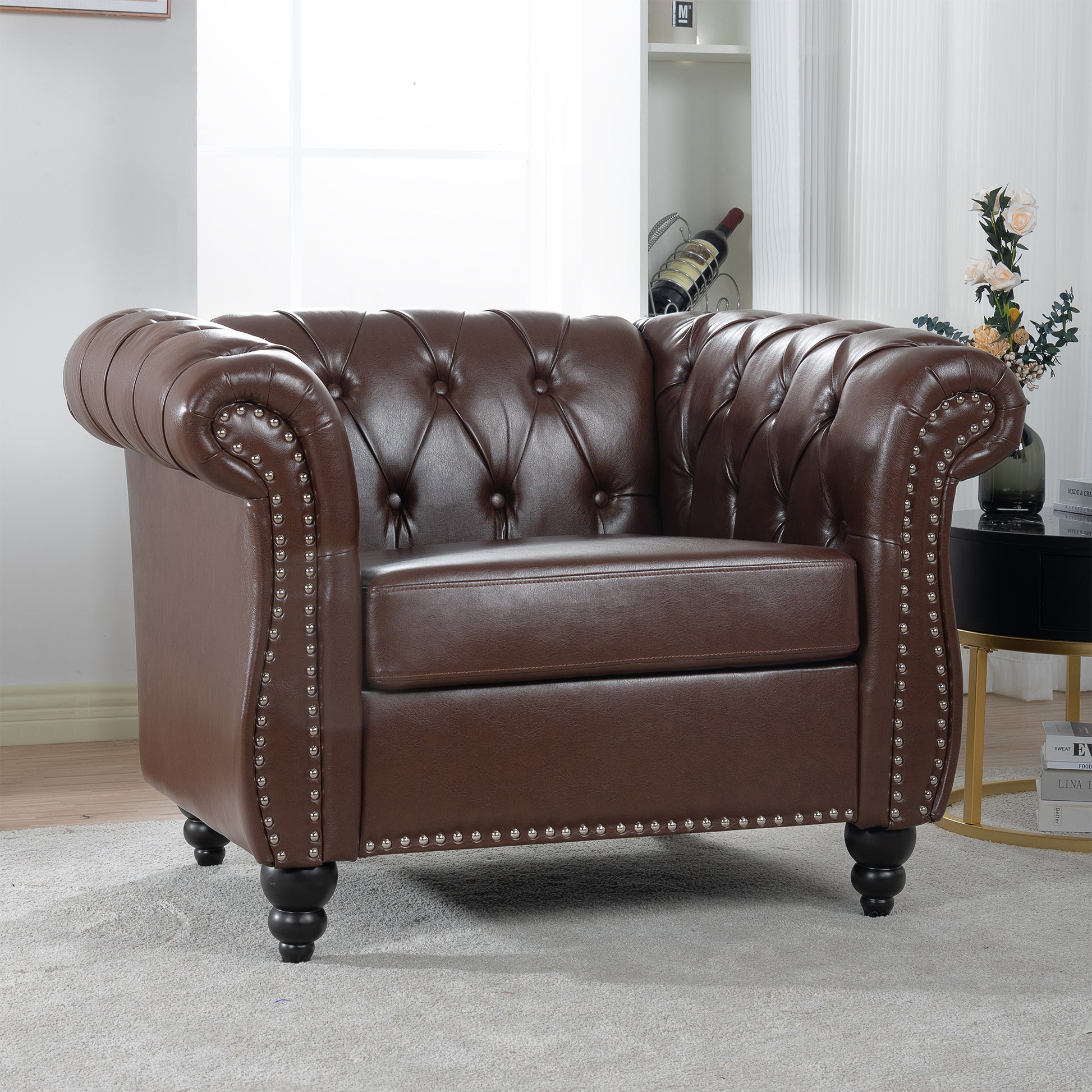 1 Seater Sofa For Living Room Dark Brown Pu