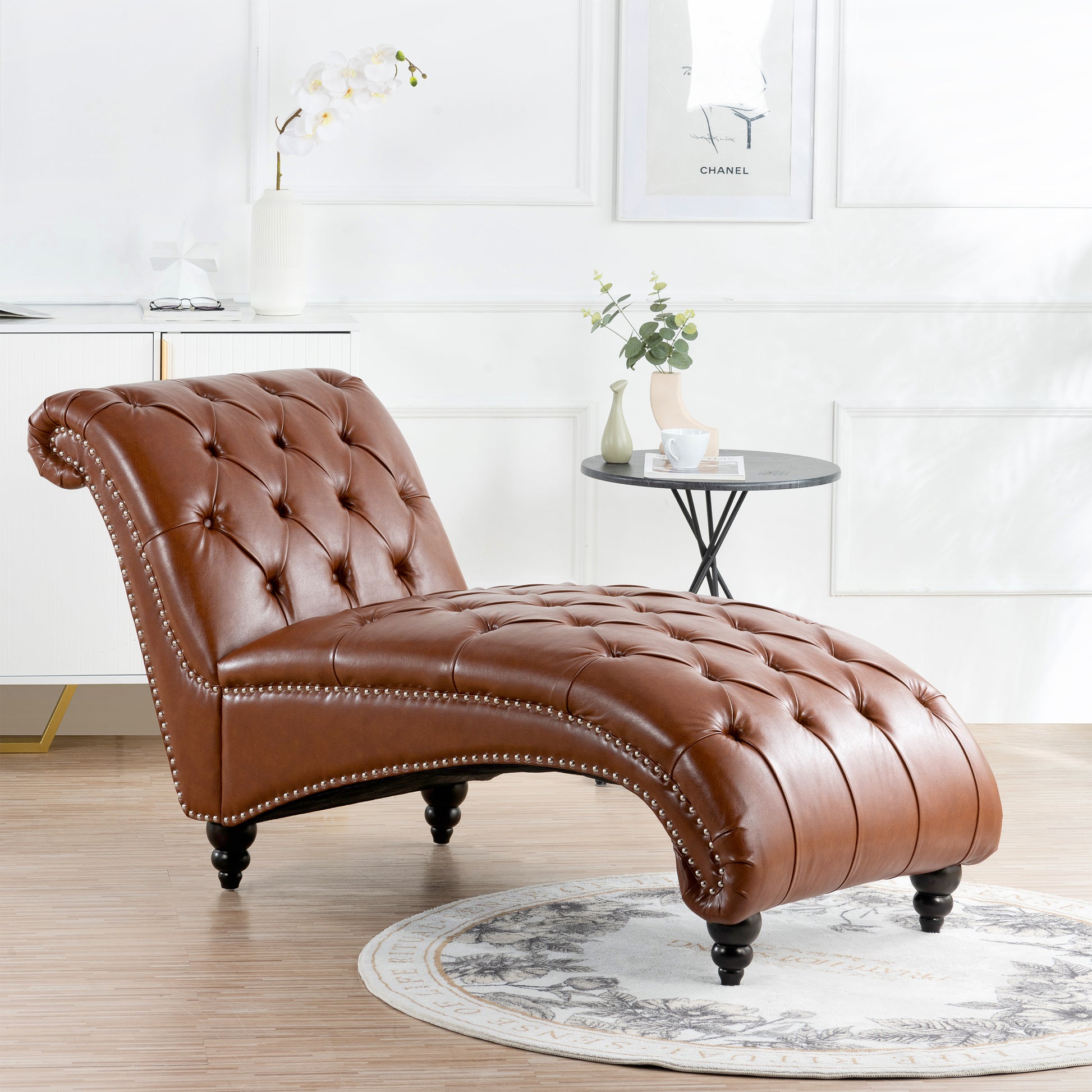 Tufted Armless Chaise Lounge Brown Pu Pu Pu