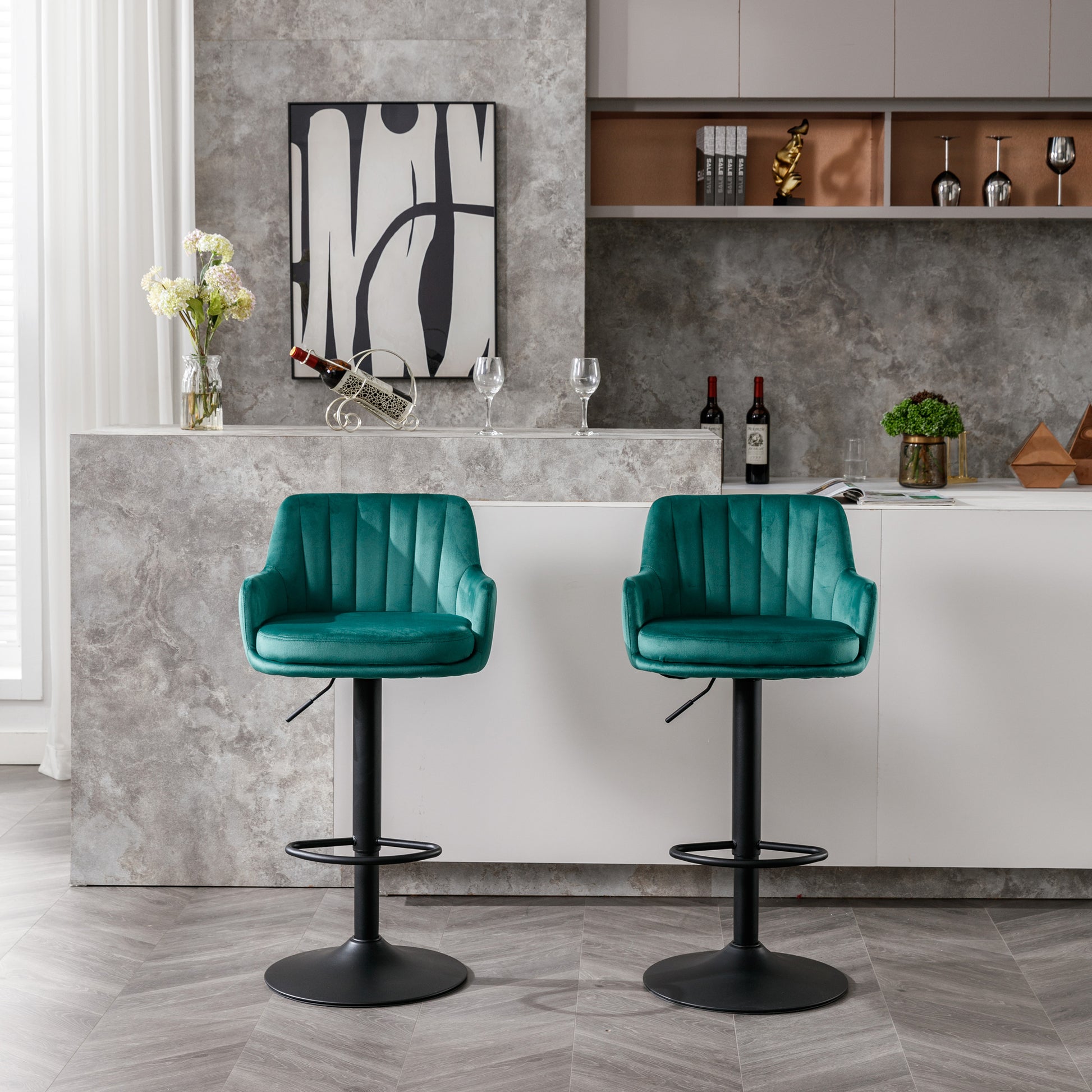 Bar Stools Set Of 2 Adjustable Barstools With Back And Footrest, Counter Height Bar Chairs For Kitchen, Pub Green Green Foam Fabric