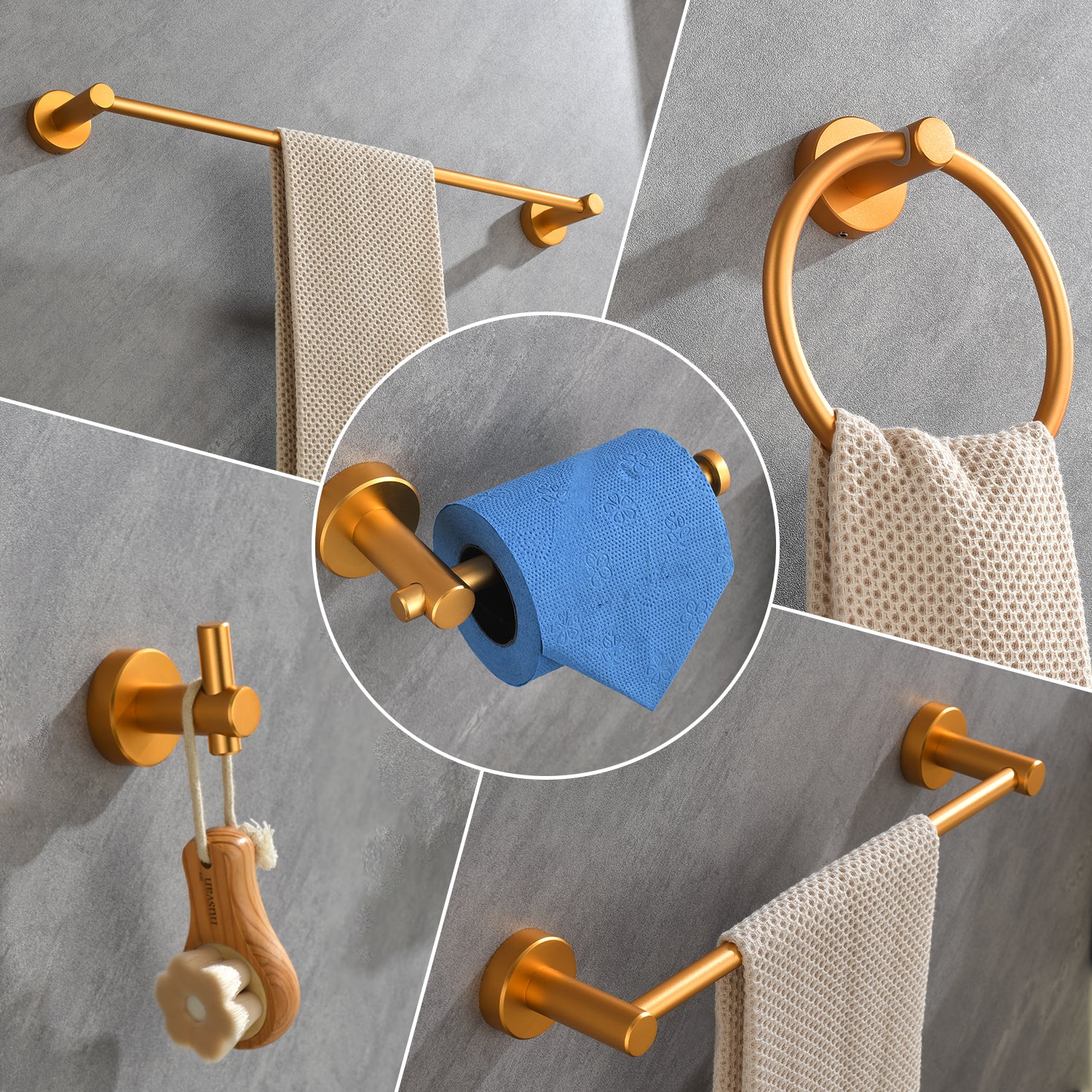 6 Piece Bathroom Towel Rack Set Wall Mount brushed gold-aluminium