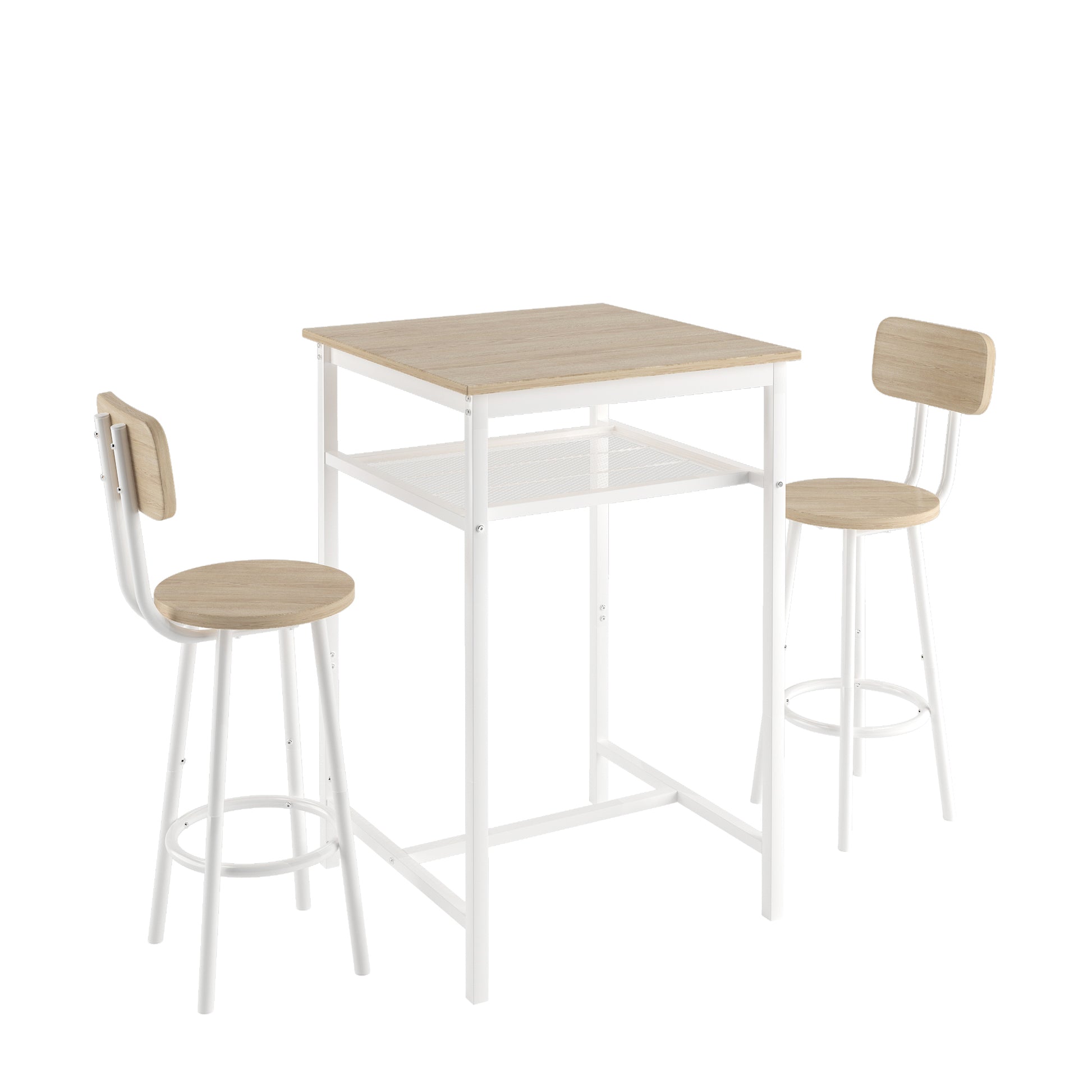 Bar Table, Equipped With 2 Bar Stoolswith Backrest And Partition Beige White Oak Seats 2 Mdf