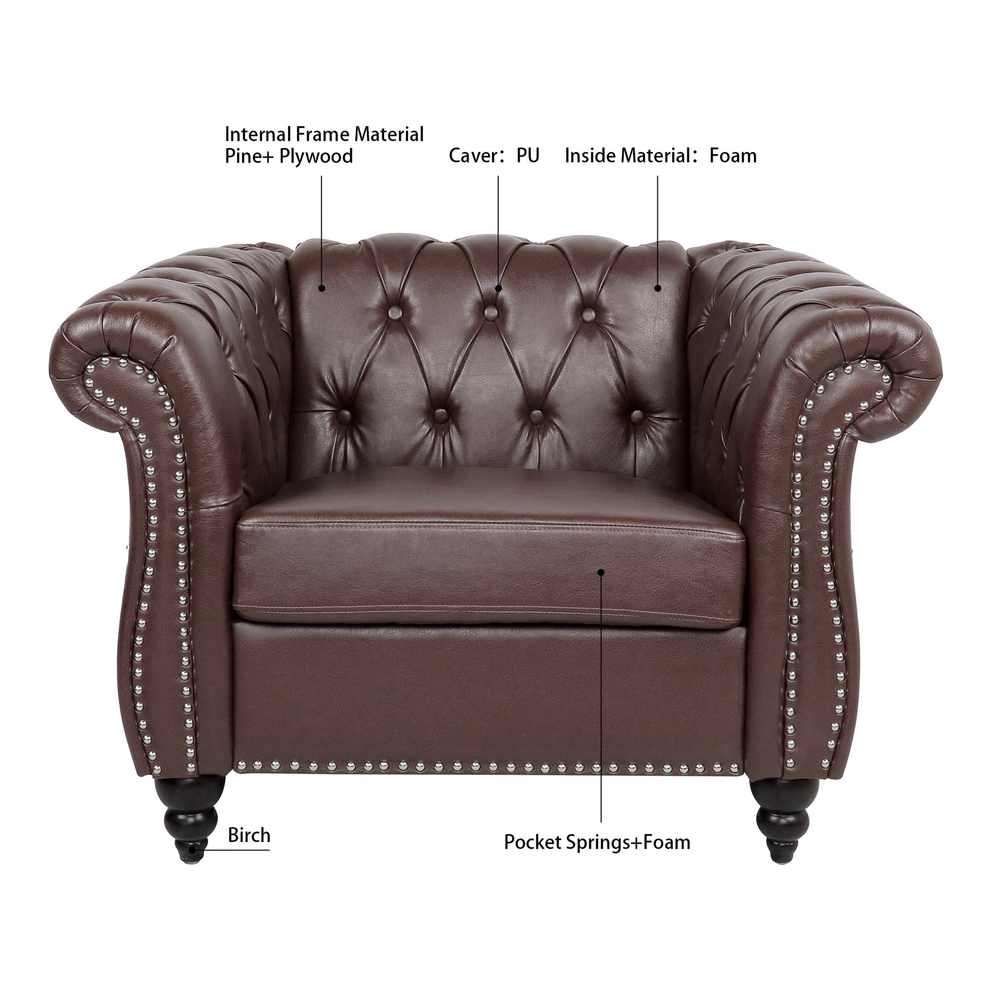 1 Seater Sofa For Living Room Dark Brown Pu