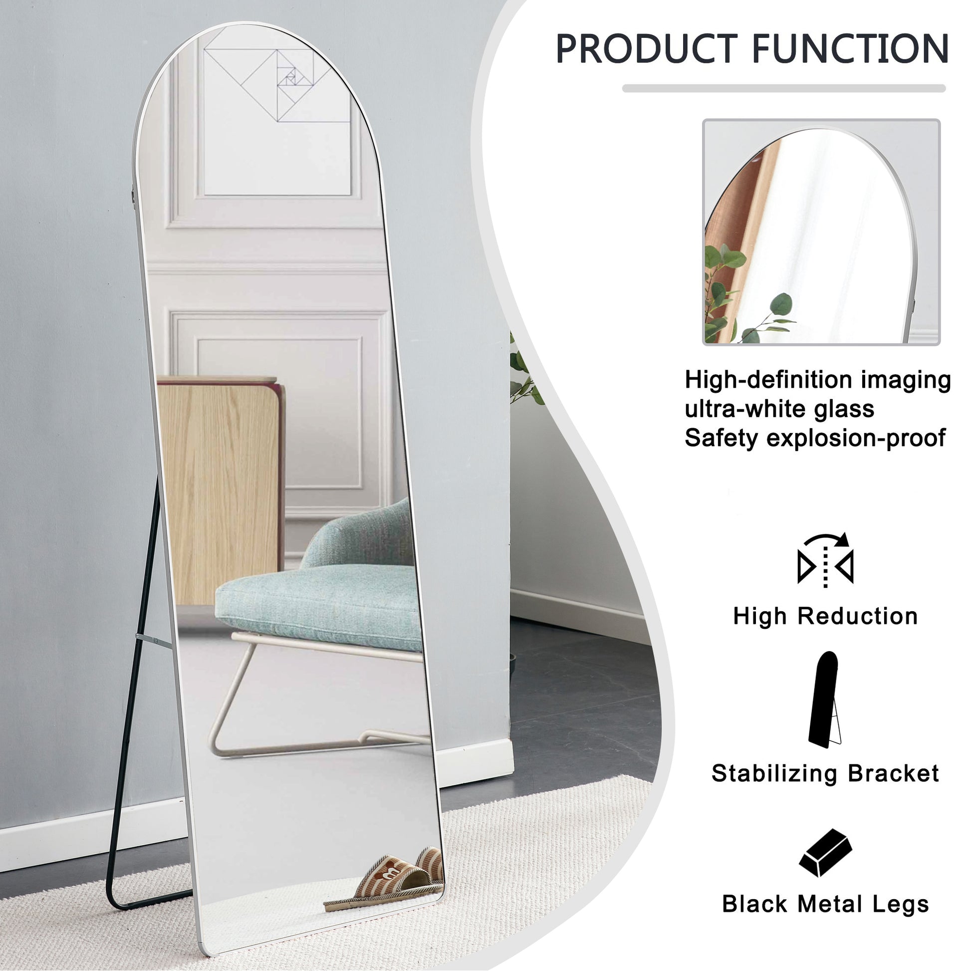 4Rd Generation Silver Aluminum Alloy Metal Frame Arched Wall Mirror, Bathroom Makeup Mirror, Decorative Mirror, Clothing Store, Floor Standing Large Mirror, Wall Mounted. 65 "* 23"W1151125606 Silver Glass