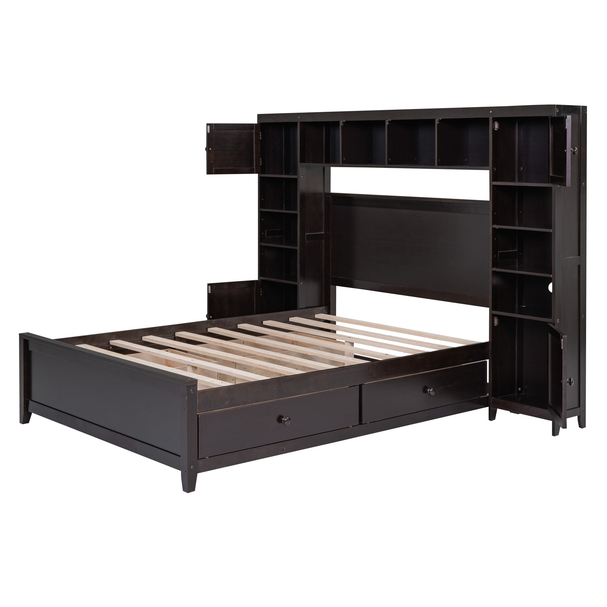 Full Size Wooden Bed With All In One Cabinet And Shelf, Espresso Full Espresso Solid Wood