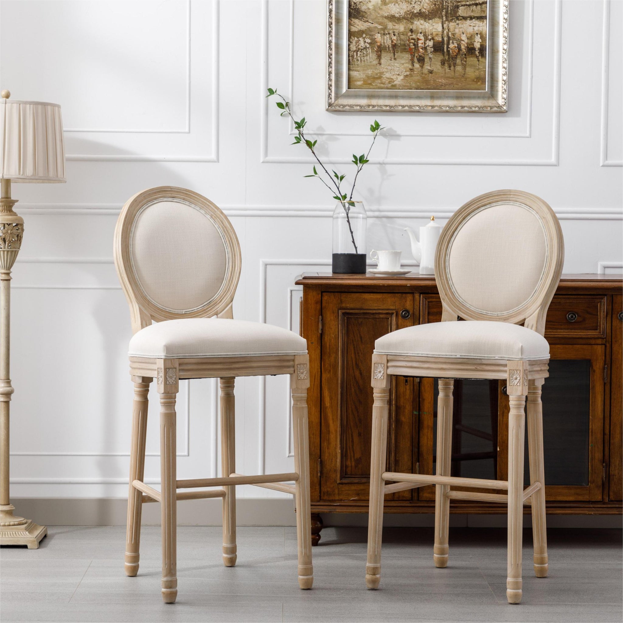 French Country Wooden Barstools With Upholstered