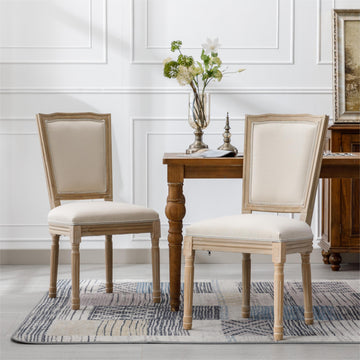 French Style Solid Wood Frame Linen Fabric Square Back Dining Chair,Set Of 2,Cream Cream Fabric Solid Wood Mdf Resin