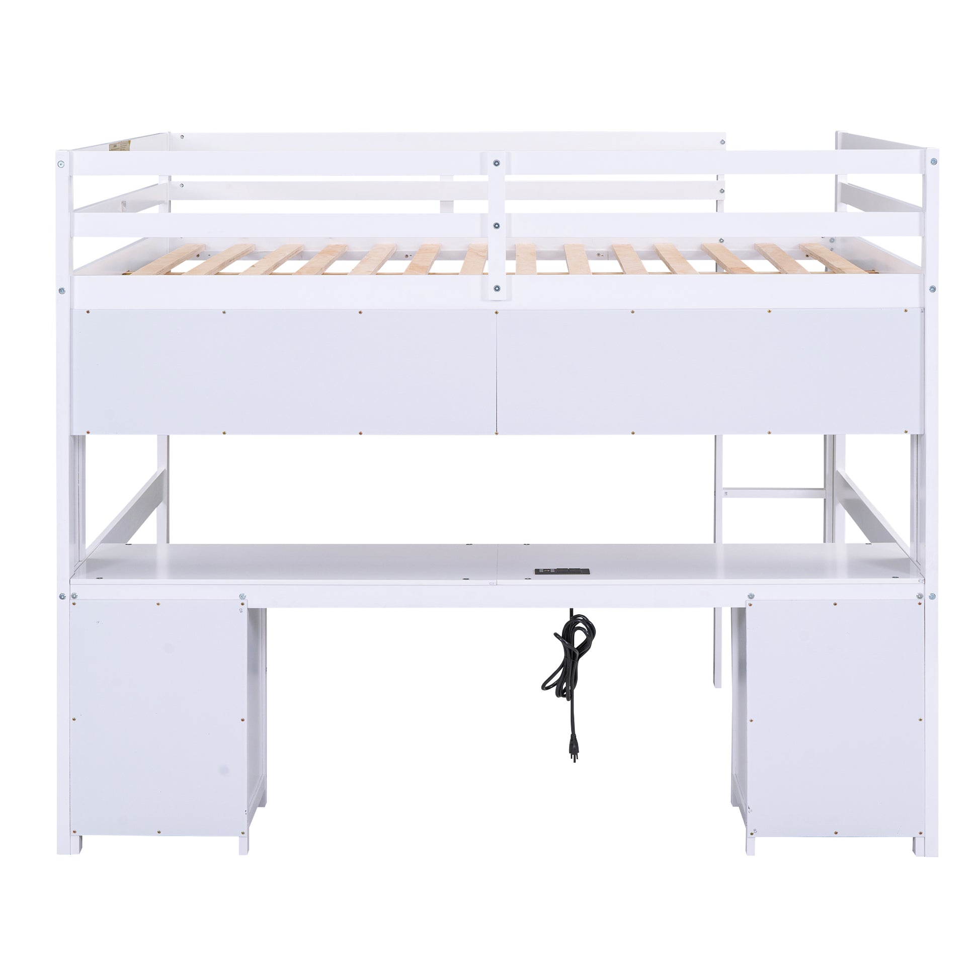 Full Size Loft Bed With Desk, Cabinets, Drawers And Bedside Tray, Charging Station, White White Solid Wood Mdf