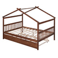 Full Size Wooden House Bed With Twin Size Trundle, Walnut Walnut Solid Wood