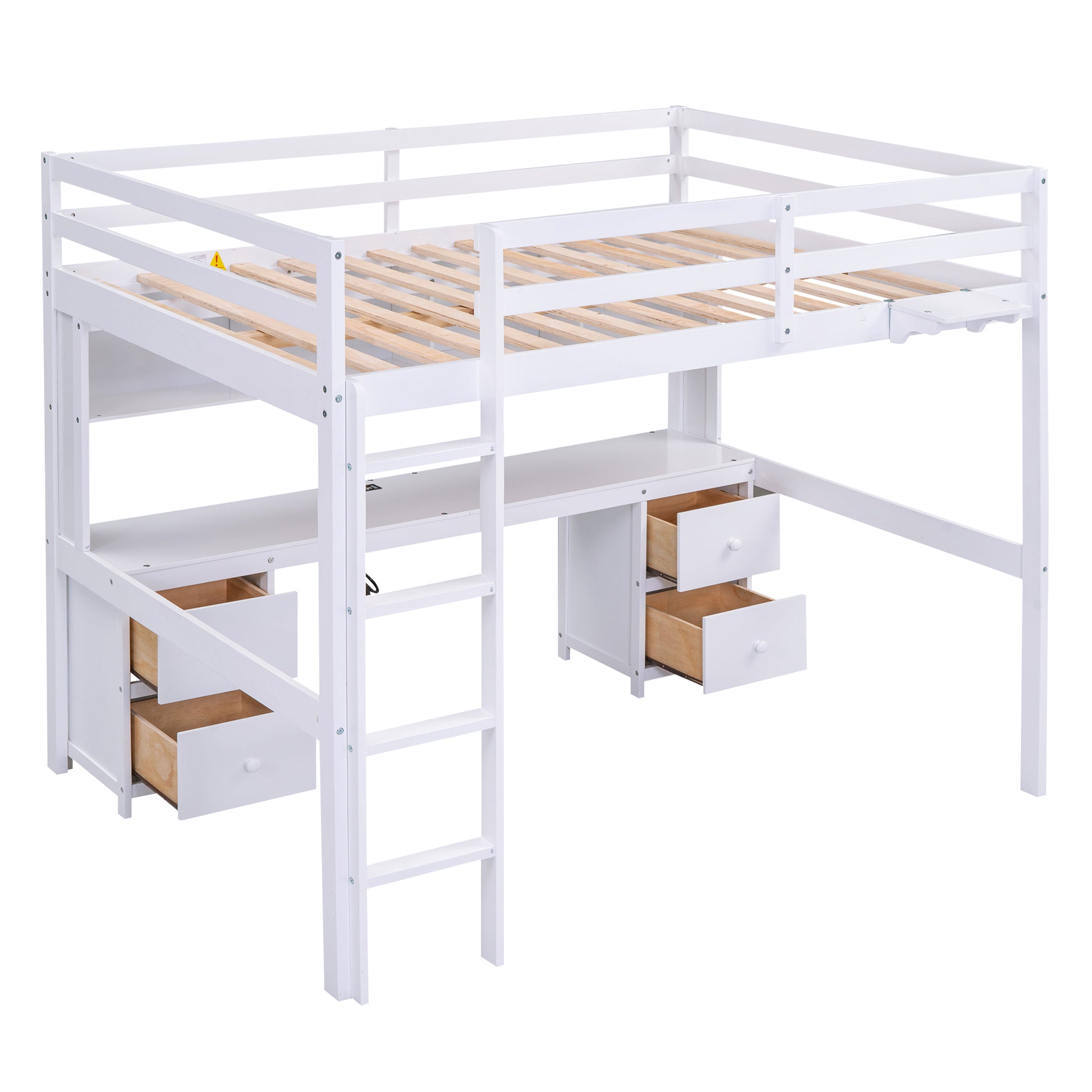 Full Size Loft Bed With Desk, Cabinets, Drawers And Bedside Tray, Charging Station, White White Solid Wood Mdf