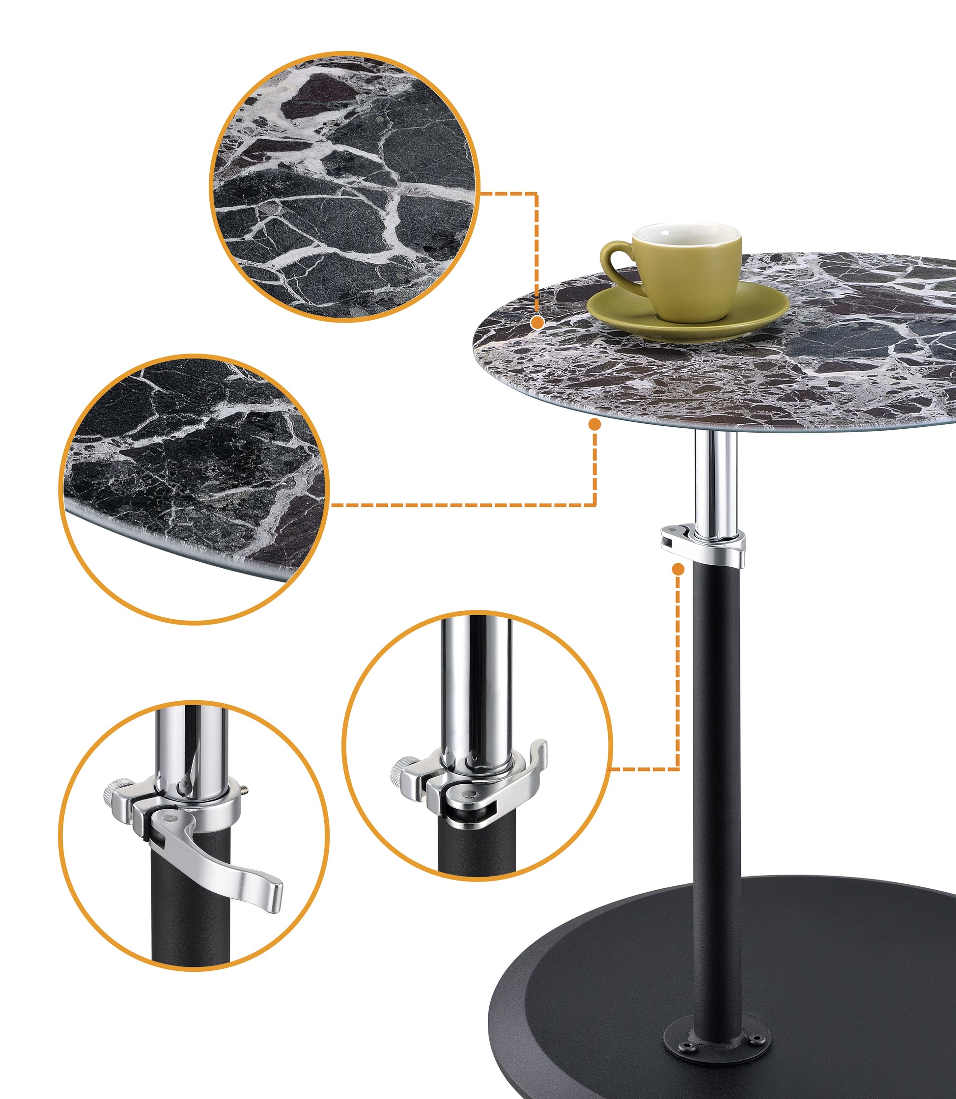 Orbit 15.5" End Table With Height Adjustable Black Marble Textured Top Black Glass