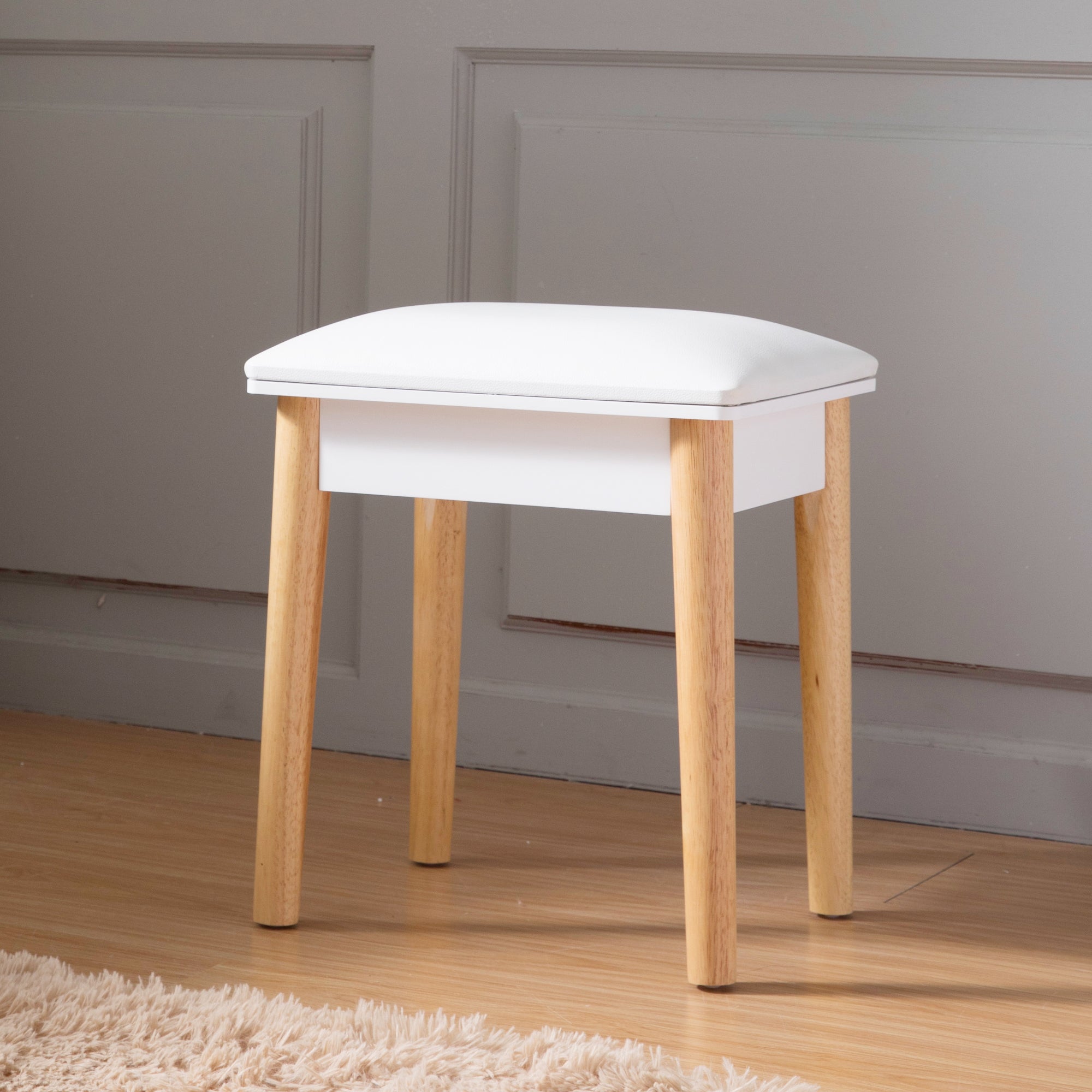 Sold Wood Vanity Table Stool,Dressing Stool For Makeup With Pu,White Finish White Solid Wood Mdf