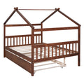 Full Size Wooden House Bed With Twin Size Trundle, Walnut Walnut Solid Wood