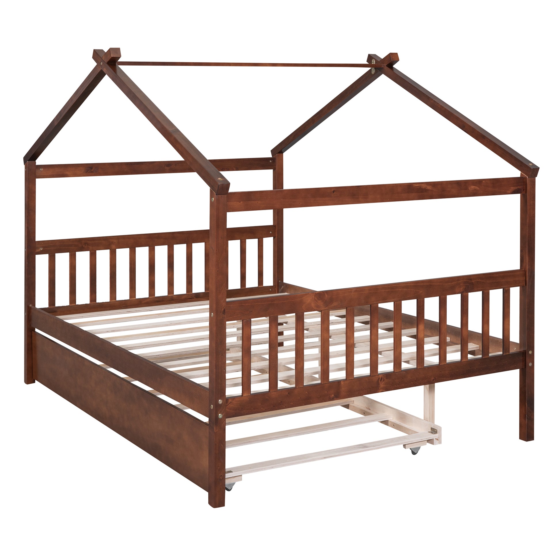 Full Size Wooden House Bed With Twin Size Trundle, Walnut Walnut Solid Wood