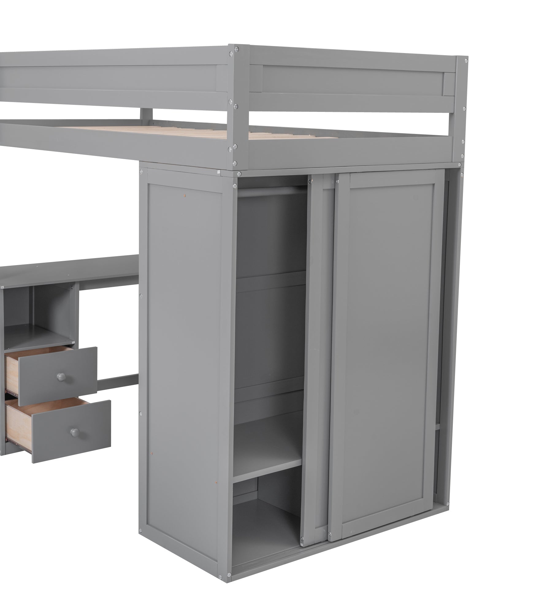 Wood Twin Size Loft Bed With Wardrobes And 2 Drawer Desk With Cabinet, Gray Gray Solid Wood Mdf