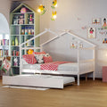 Full Size Wooden House Bed With Twin Size Trundle, White White Solid Wood