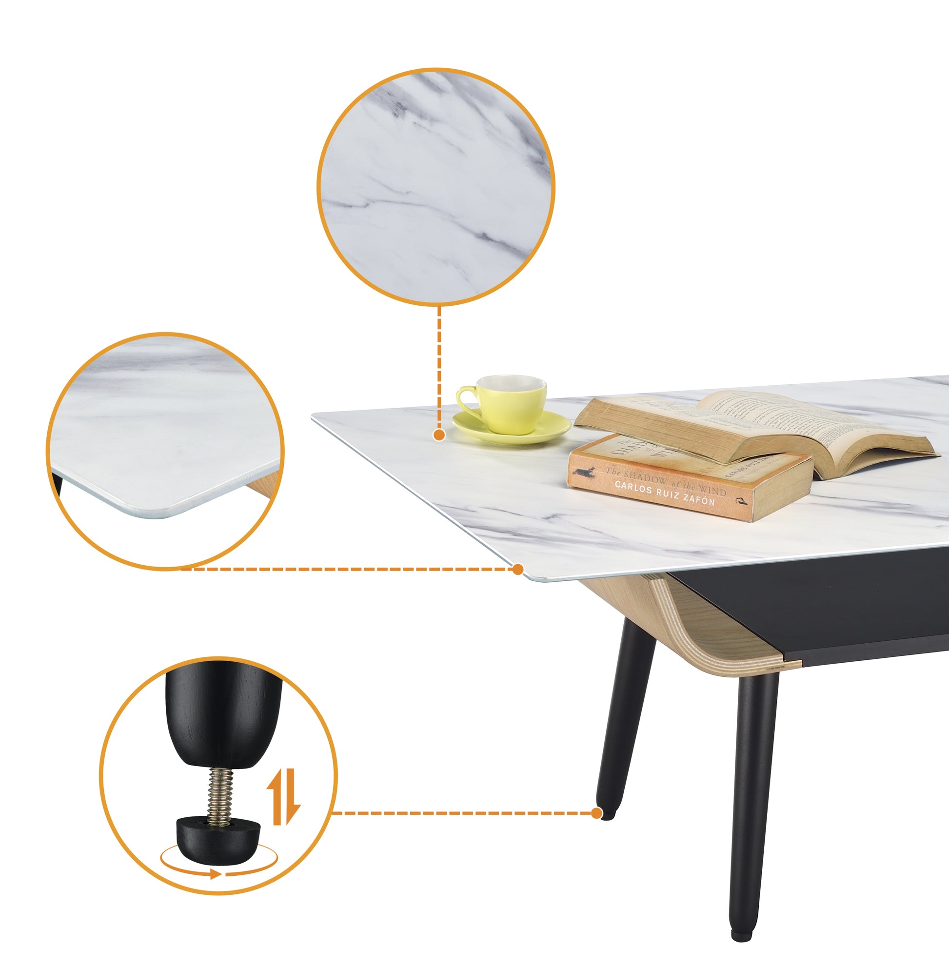 Landon 47" Coffee Table With Glass White Marble Texture Top And Bent Wood Design White Glass