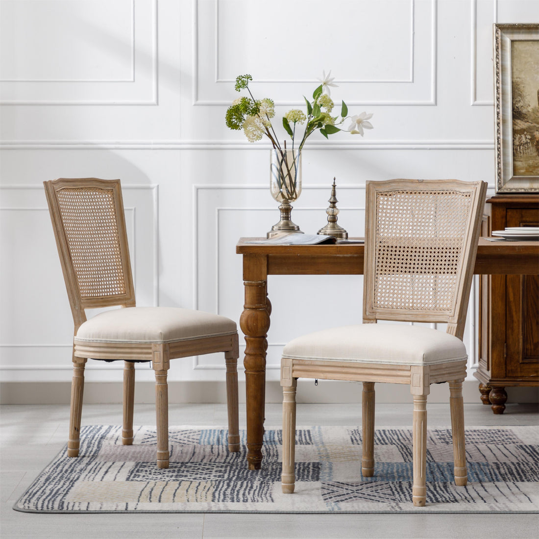 French Style Solid Wood Frame Linen Fabric Square Rattan Back Dining Chair,Set Of 2,Cream Cream Fabric Solid Wood