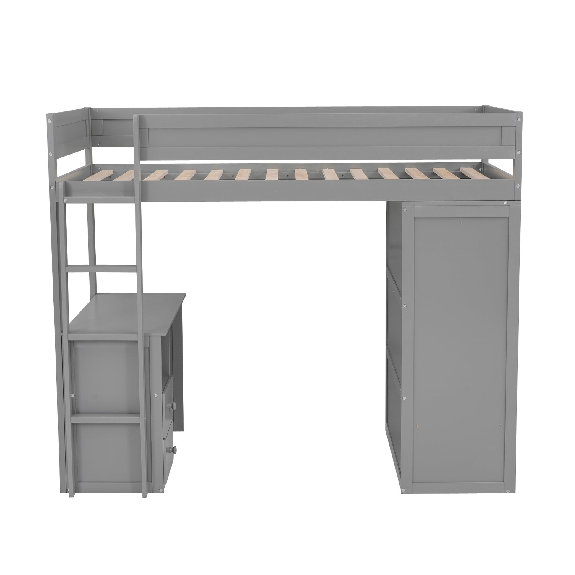 Wood Twin Size Loft Bed With Wardrobes And 2 Drawer Desk With Cabinet, Gray Gray Solid Wood Mdf