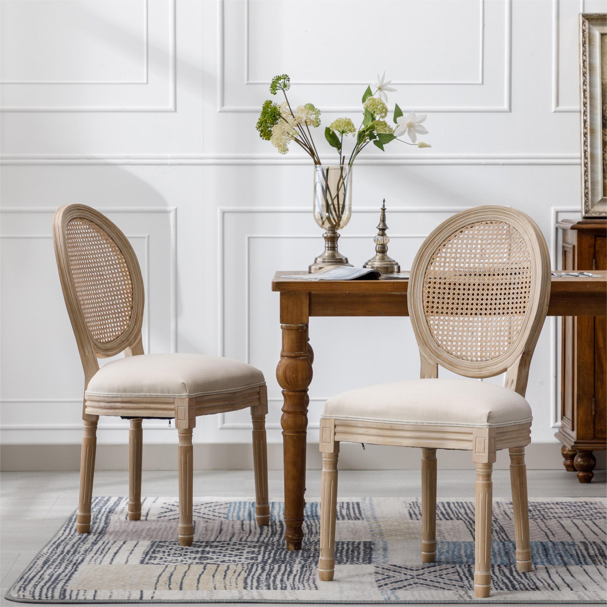 French Style Solid Wood Frame Linen Fabric Rattan Back Dining Chair,Set Of 2,Cream Beige Foam Foam