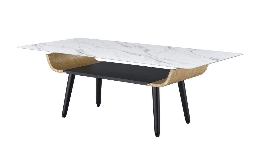 Landon 47" Coffee Table With Glass White Marble Texture Top And Bent Wood Design White Glass