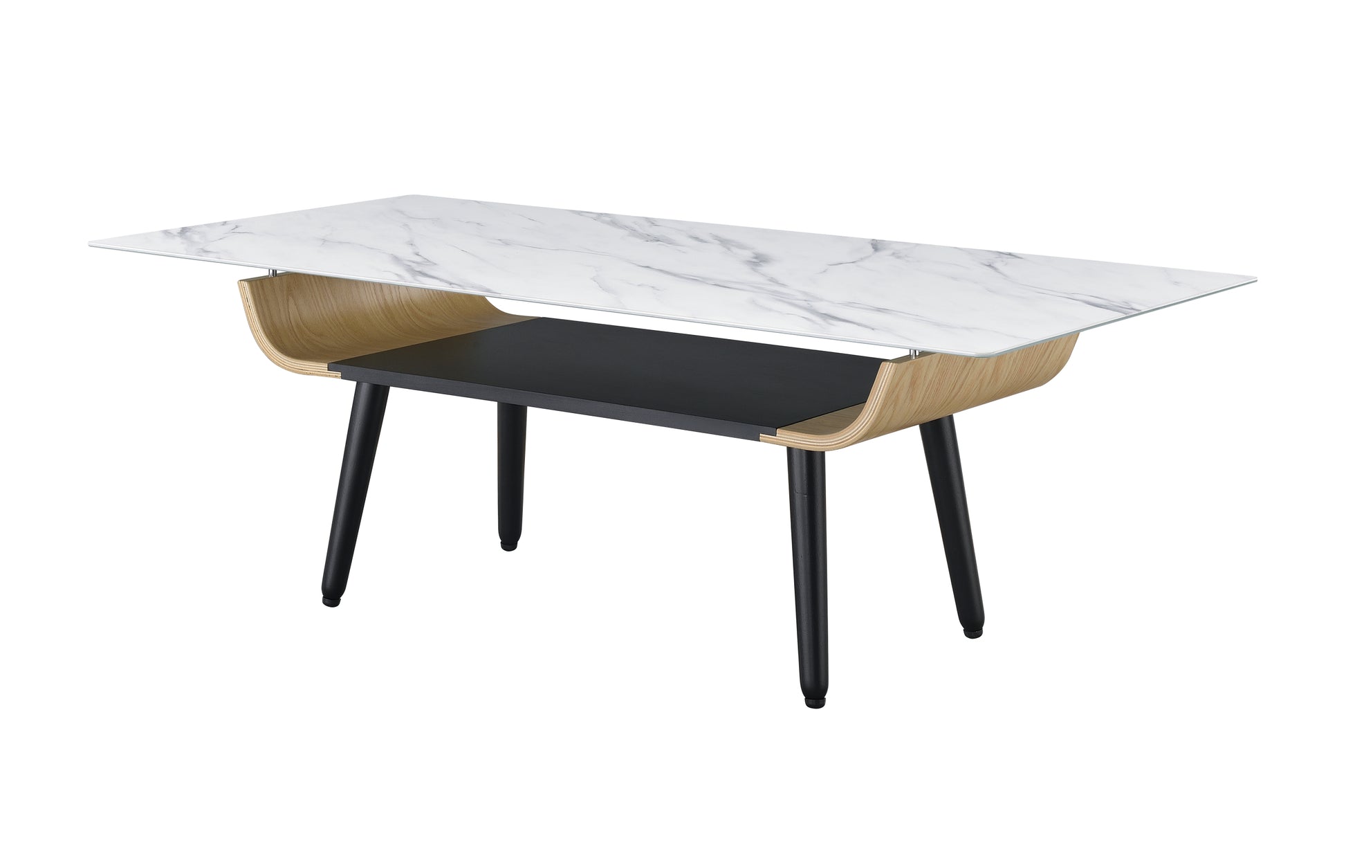 Landon 47" Coffee Table With Glass White Marble Texture Top And Bent Wood Design White Glass