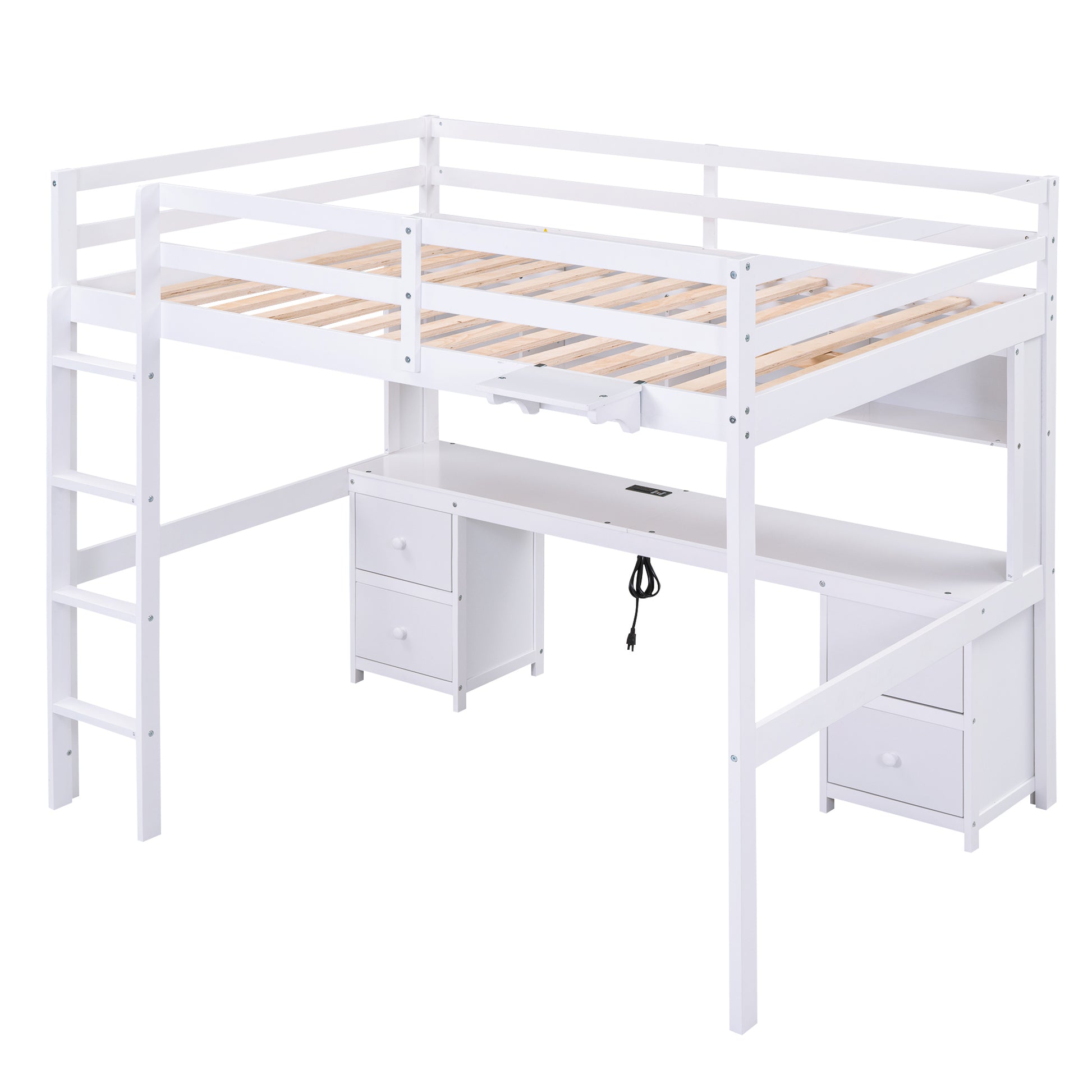 Full Size Loft Bed With Desk, Cabinets, Drawers And Bedside Tray, Charging Station, White White Solid Wood Mdf