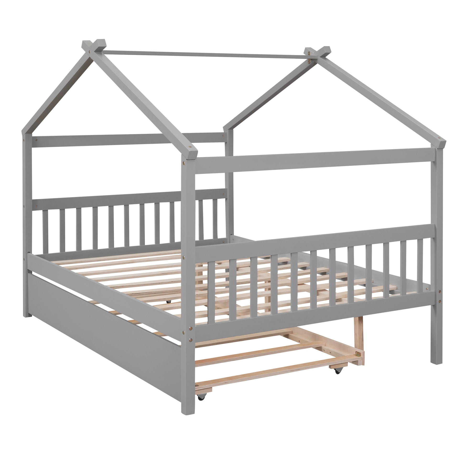 Full Size Wooden House Bed With Twin Size Trundle, Gray Gray Solid Wood